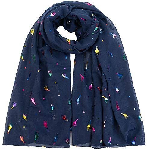 Giraffe Animal Print Women's Scarf Shawl Wrap By World of Scarfs (Glitter Giraffe Navy Blue)