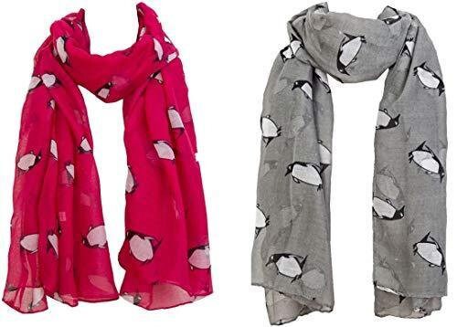 Christmas Bonanza Pack Of 2 Scarves Wrap Shawl Scarf For Women Ladies (penguin Hot Pink/grey, 2)
