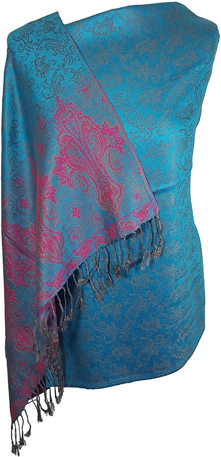 World of Shawls Ladies Floral Paisley Bordered Pashmina Feel Shawl Scarf Wrap Stole Luxuriously Warm Soft and Silky Touch