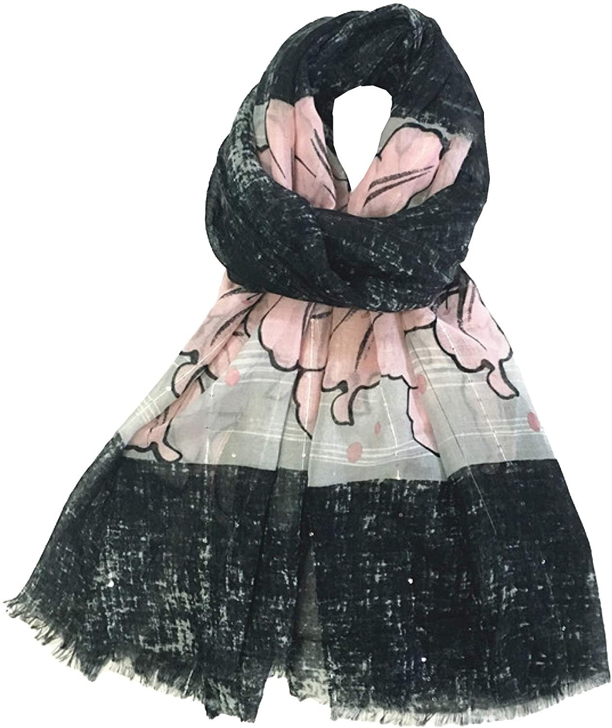 World of Shawls Eye-Catching Floral Border Scarf for Women Ladies with Delicate Sequin Insets