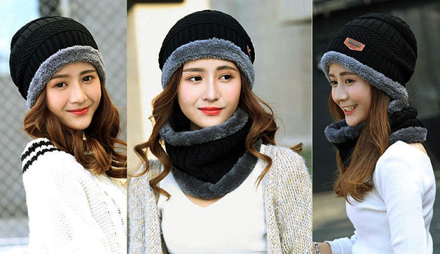 Unisex Men Women Knitted Fleece Beanie Hat and Loop Circle Scarf Snood Set Warm Soft and Comfortable