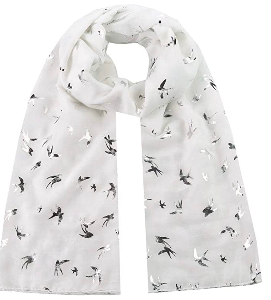 Silver Foil Swallow Bird Print Scarves Scarf Wrap Shawl for Women Ladies Girls