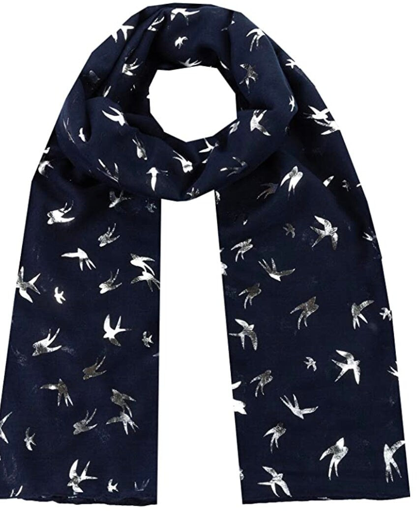 Silver Foil Swallow Bird Print Scarves Scarf Wrap Shawl for Women Ladies Girls
