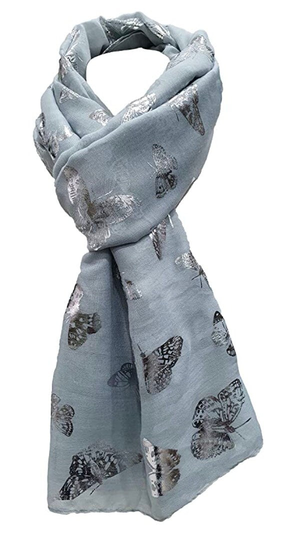Silver Foil Butterfly Print Ladies Celebrity Style Scarves Maxi, Scarf, Wrap, Sarong, shawls Gift