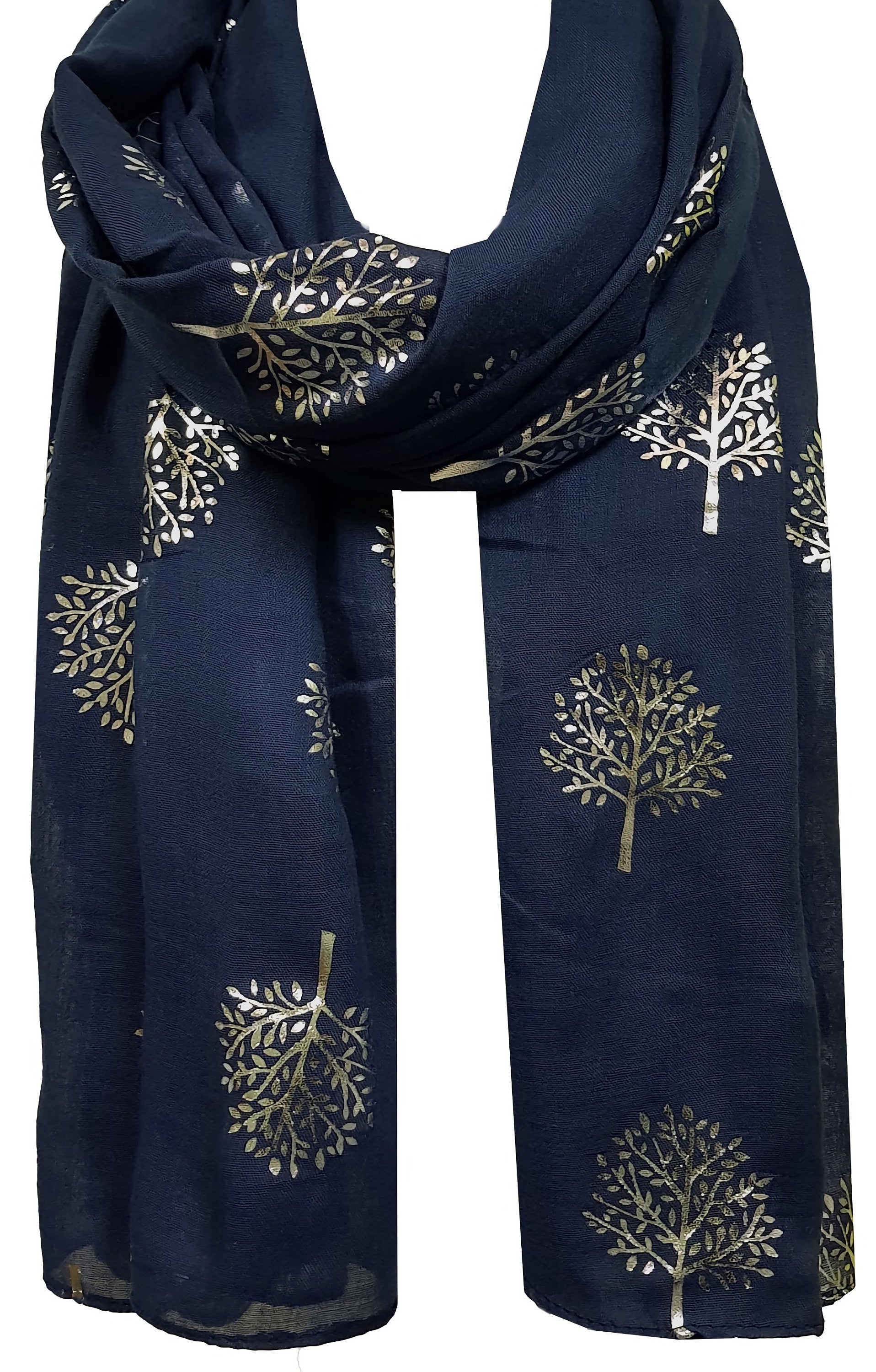 Elegant NAVY Mulberry Tree Scarf with SILVER Metallic Foil Print Classy Ritzy Scarves Wrap Shawl Ideal Gift