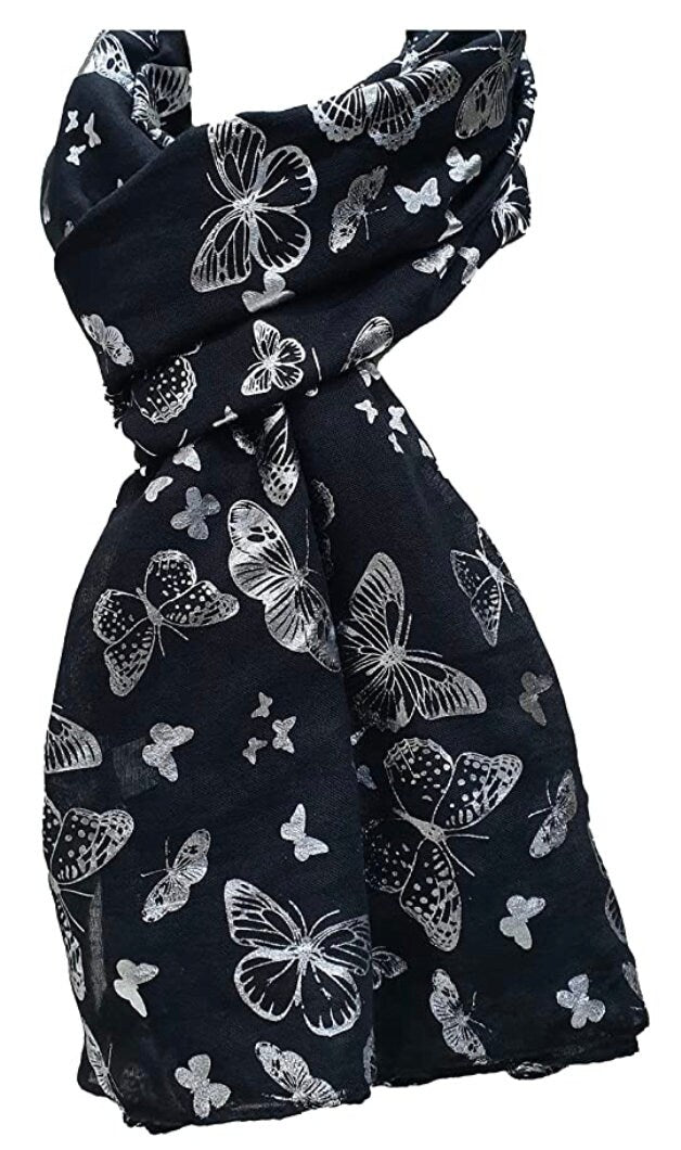 Silver Foil Butterfly Print Ladies Celebrity Style Scarves Maxi, Scarf, Wrap, Sarong, shawls Gift
