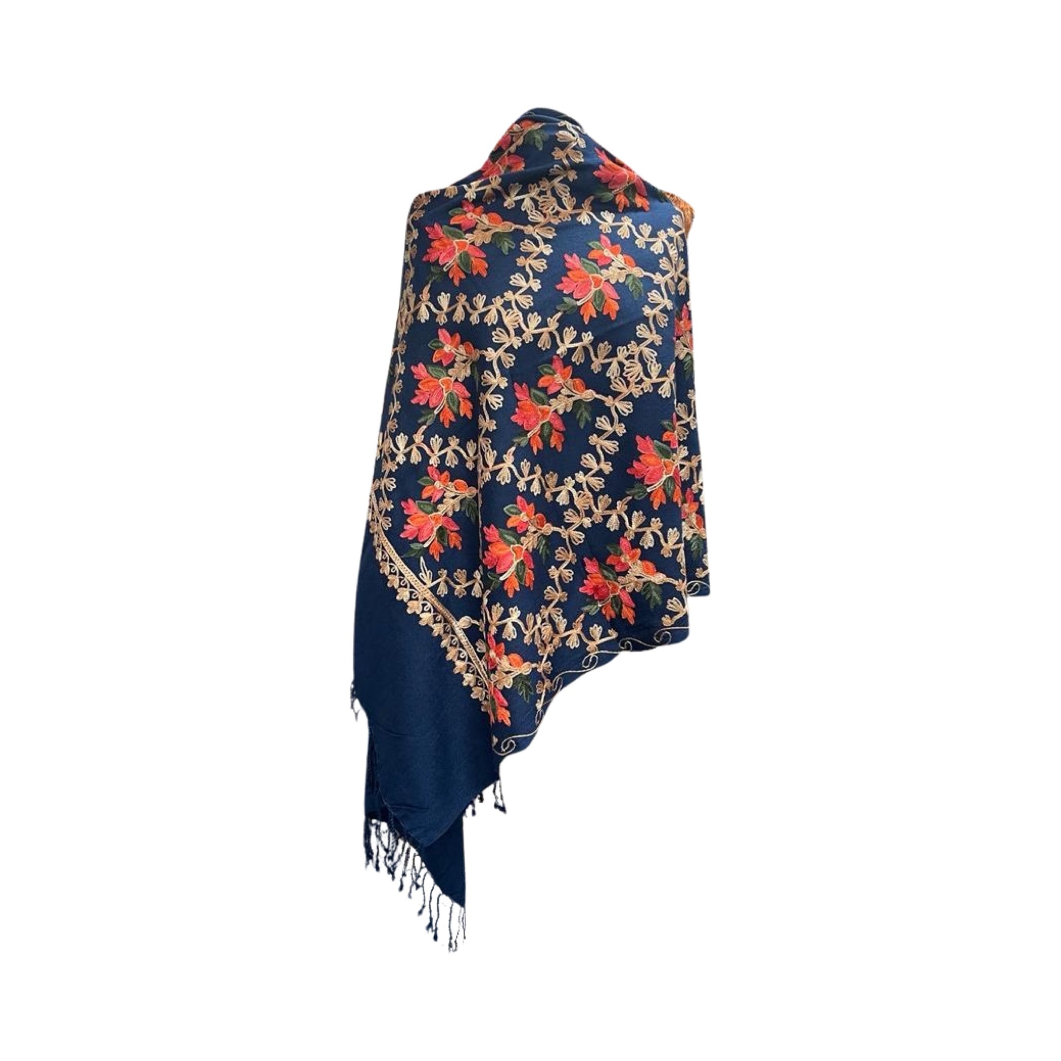 Navy Blue Stunning Kashmiri Master Craftsman Hand Embroidered Luxury Shawl Wrap Scarf