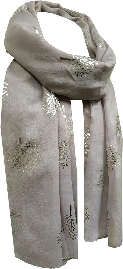 Elegant Silver Mulberry Tree Scarf with Silver Metallic Foil Print Classy Ritzy Scarves Wrap Shawl Ideal Gift