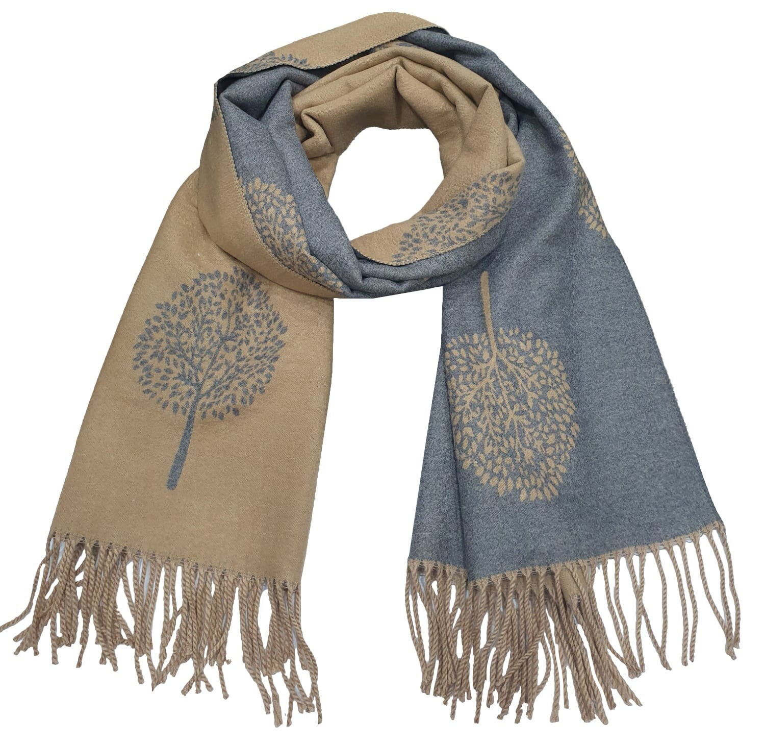 Thick Reversible Mulberry Design Winter Scarf Wrap Blanket Shawl Warm Soft Cosy - DARK BEIGE / GREY