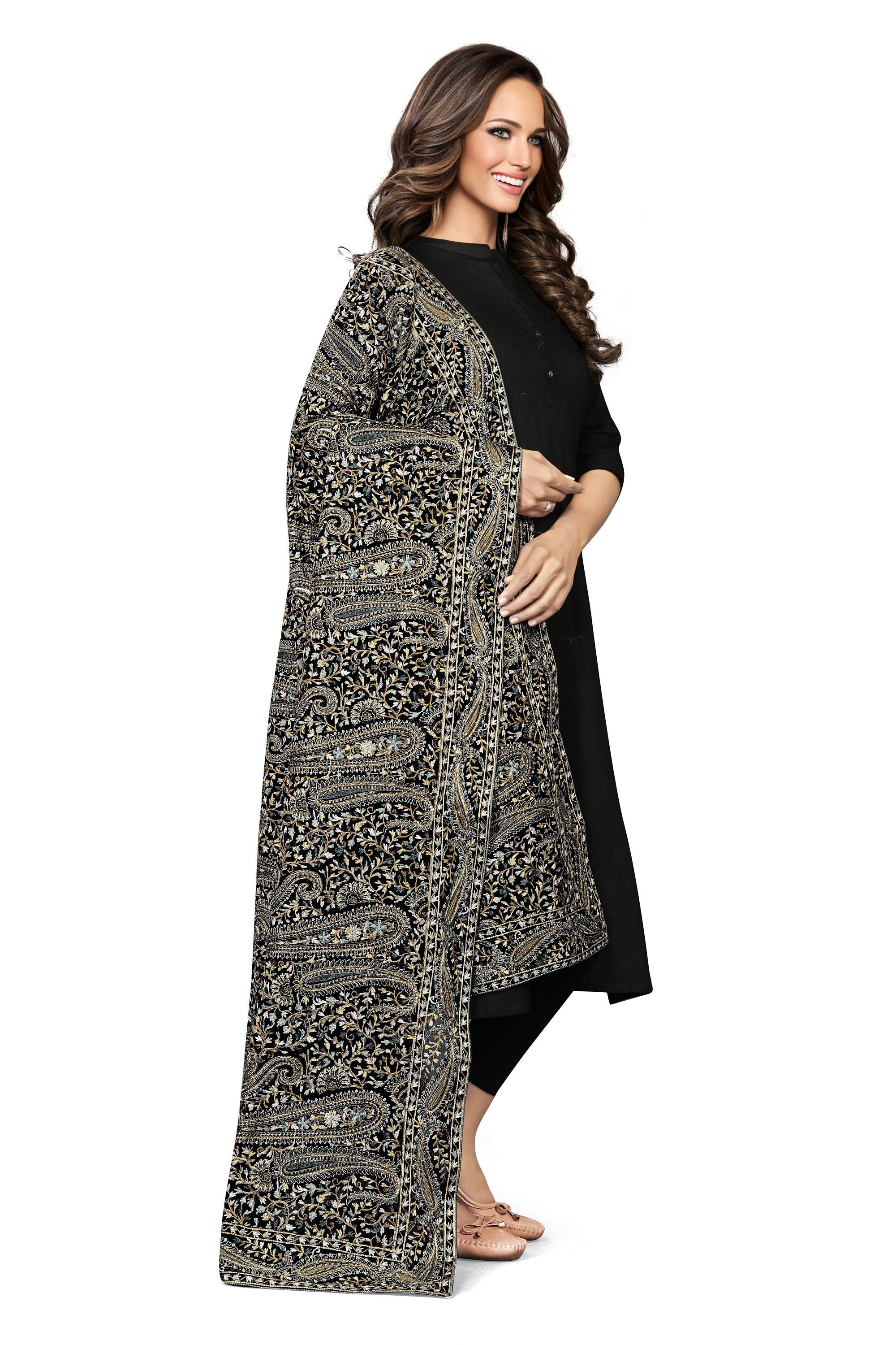 Exclusive Black Hand Embroidered Luxury Shawl Wrap Scarf - Colour Beautiful Embroidered Fancy Dupatta