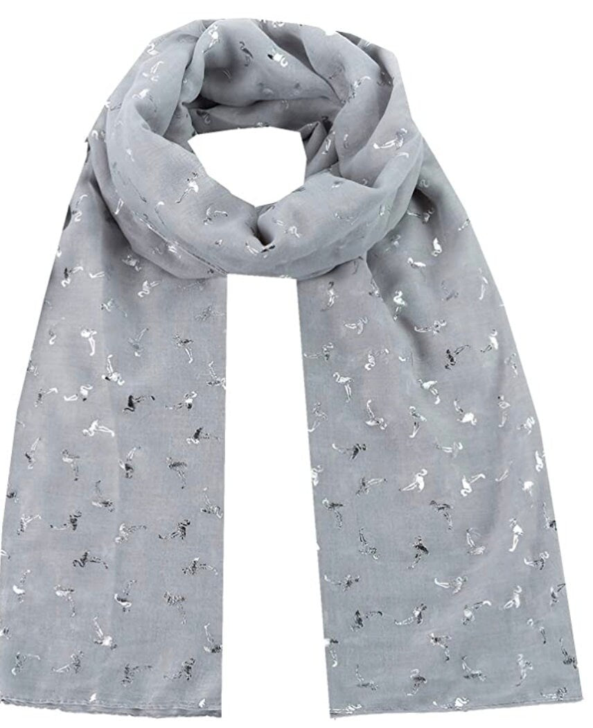 Silver Glitter Foil Flamingo Bird Print Fashion Scarf Wrap For Women