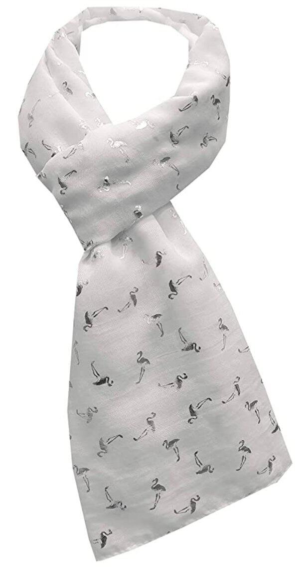 Silver Glitter Foil Flamingo Bird Print Fashion Scarf Wrap For Women