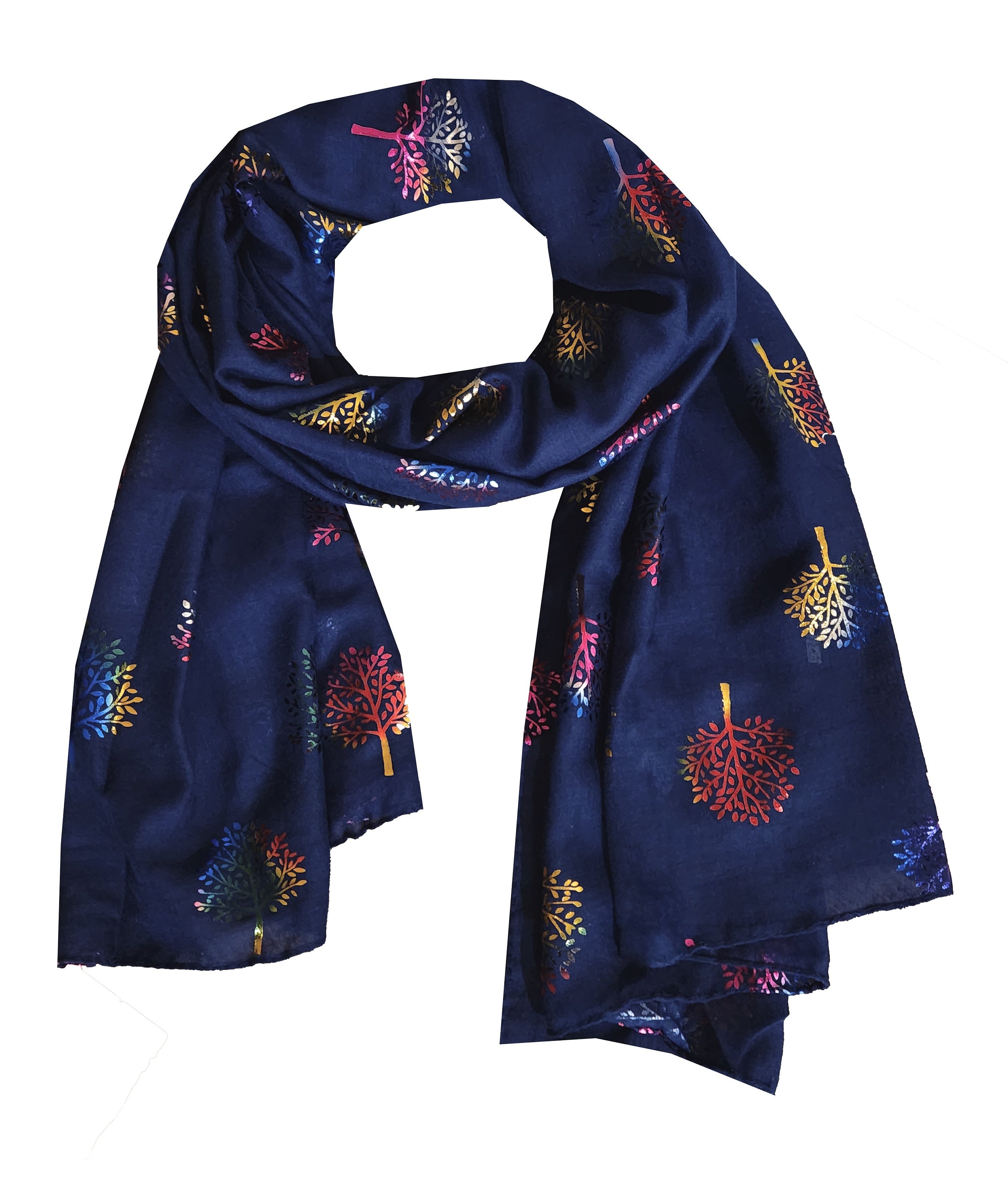 Elegant Navy Blue Mulberry Tree Scarf with Multi Colour Rainbow Metallic Foil Print Classy Ritzy Scarves Wrap Shawl Ideal Gift