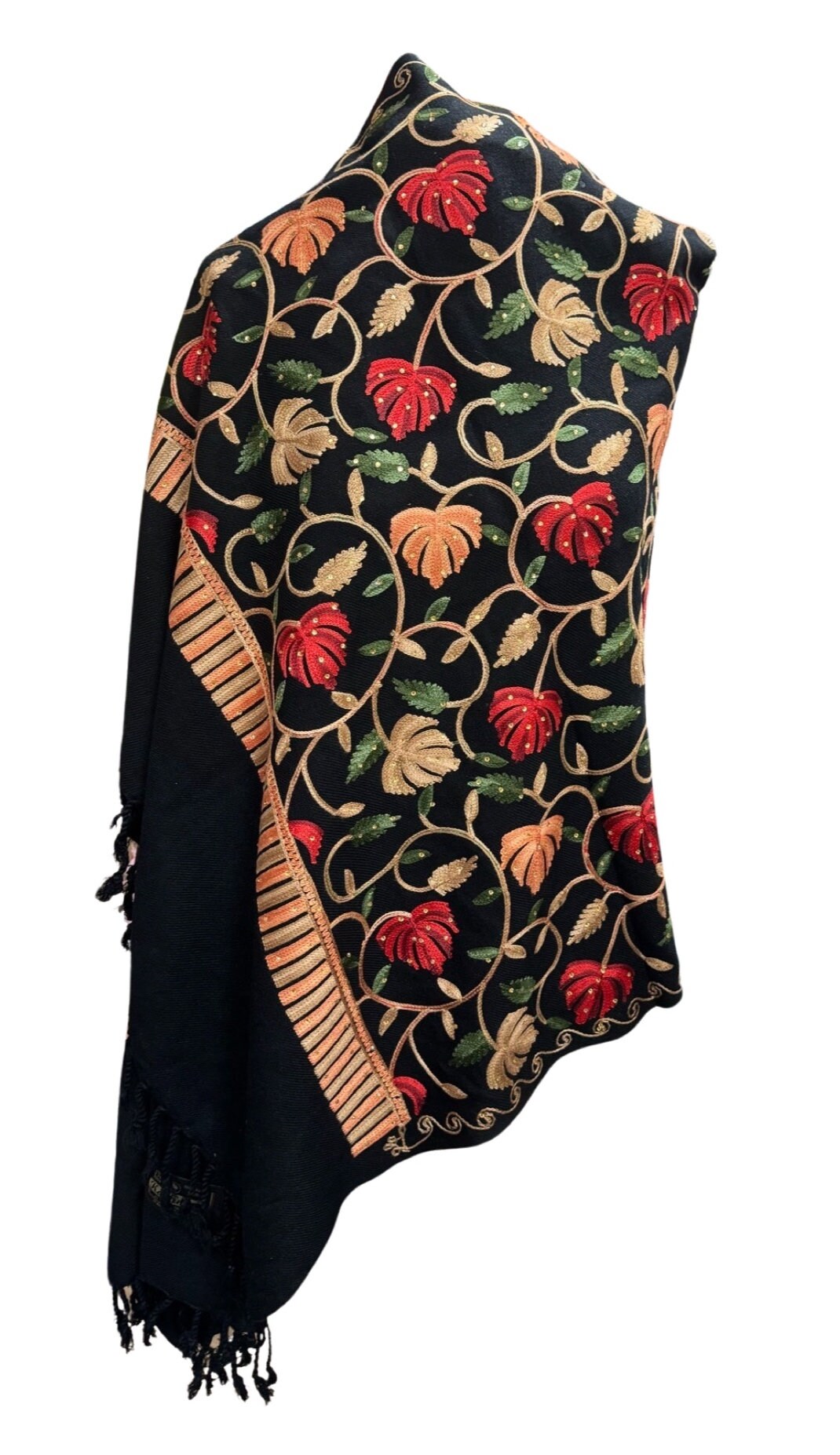 Black Stunning Kashmiri Master Craftsman Hand Embroidered Luxury Shawl Wrap Scarf