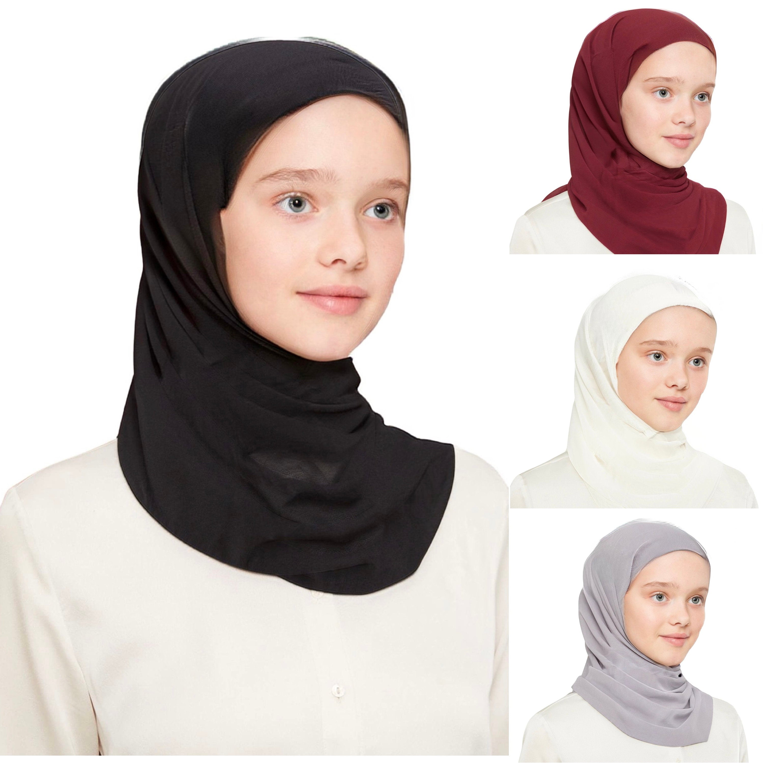 Chiffon Scarf with Attached Jersey Under Ninja Cap Instant Ready Hijab for Girls