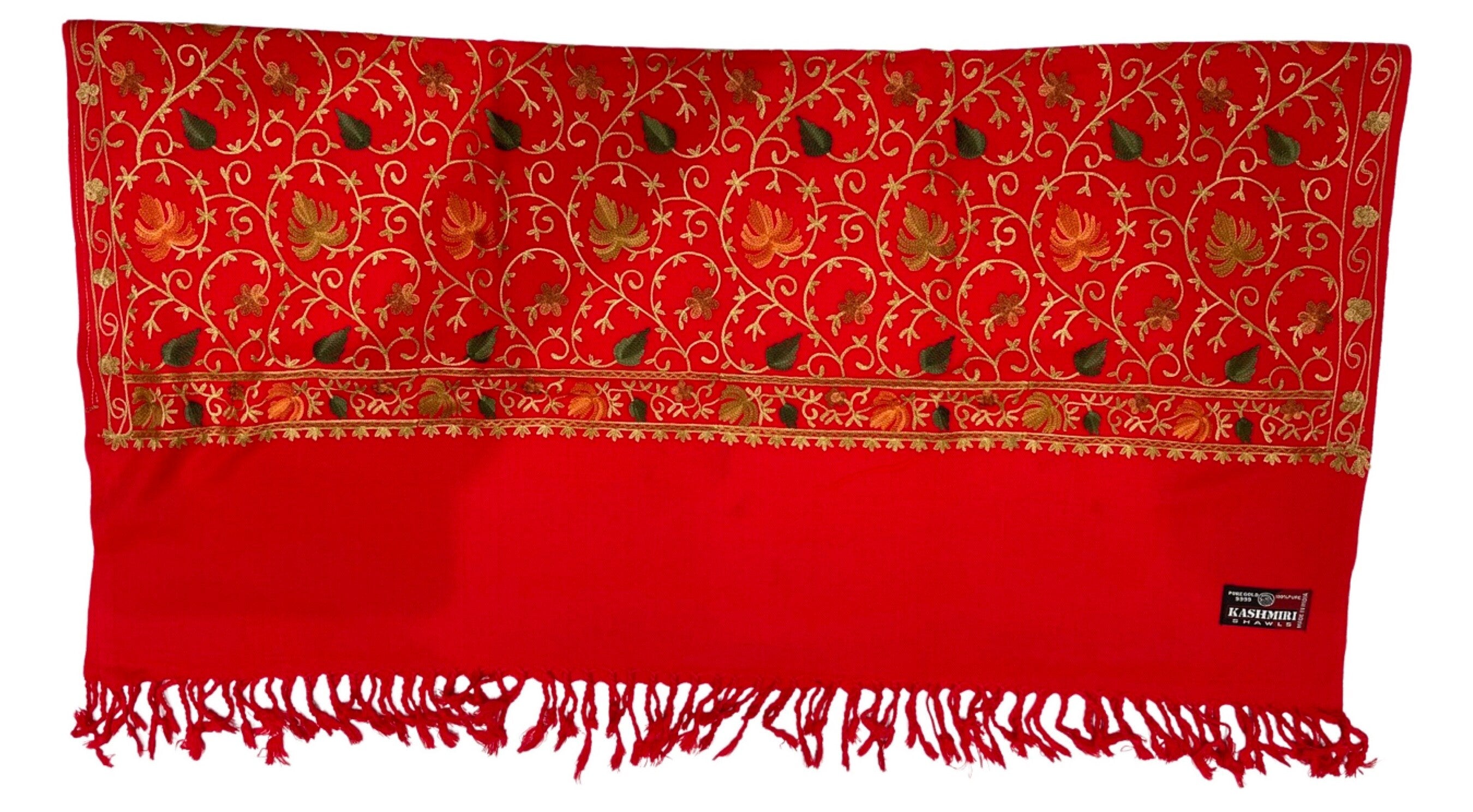 Elegant Christmas Red Gold and Multi Hand Embroidered Luxury Shawl Wrap Scarf
