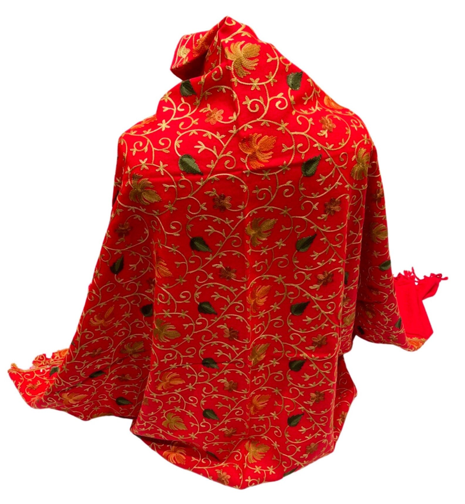Elegant Christmas Red Gold and Multi Hand Embroidered Luxury Shawl Wrap Scarf