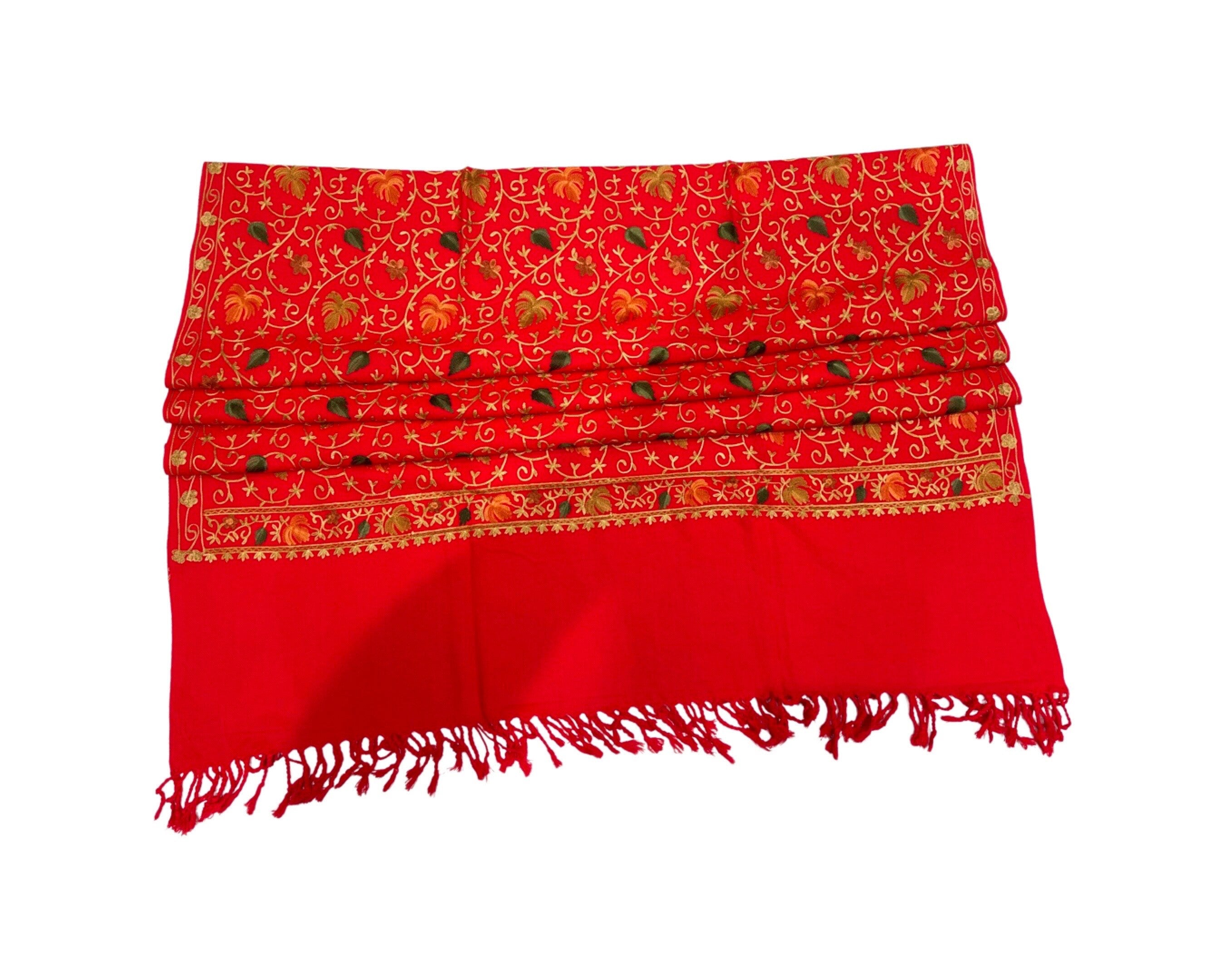 Elegant Christmas Red Gold and Multi Hand Embroidered Luxury Shawl Wrap Scarf