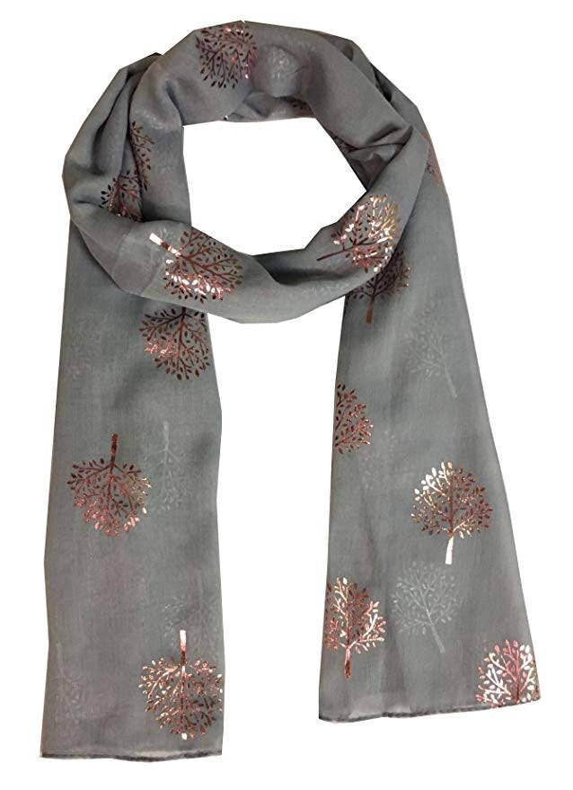 Elegant SILVER Mulberry Tree Scarf with Pink Metallic Foil Print Classy Ritzy Scarves Wrap Shawl Ideal Gift