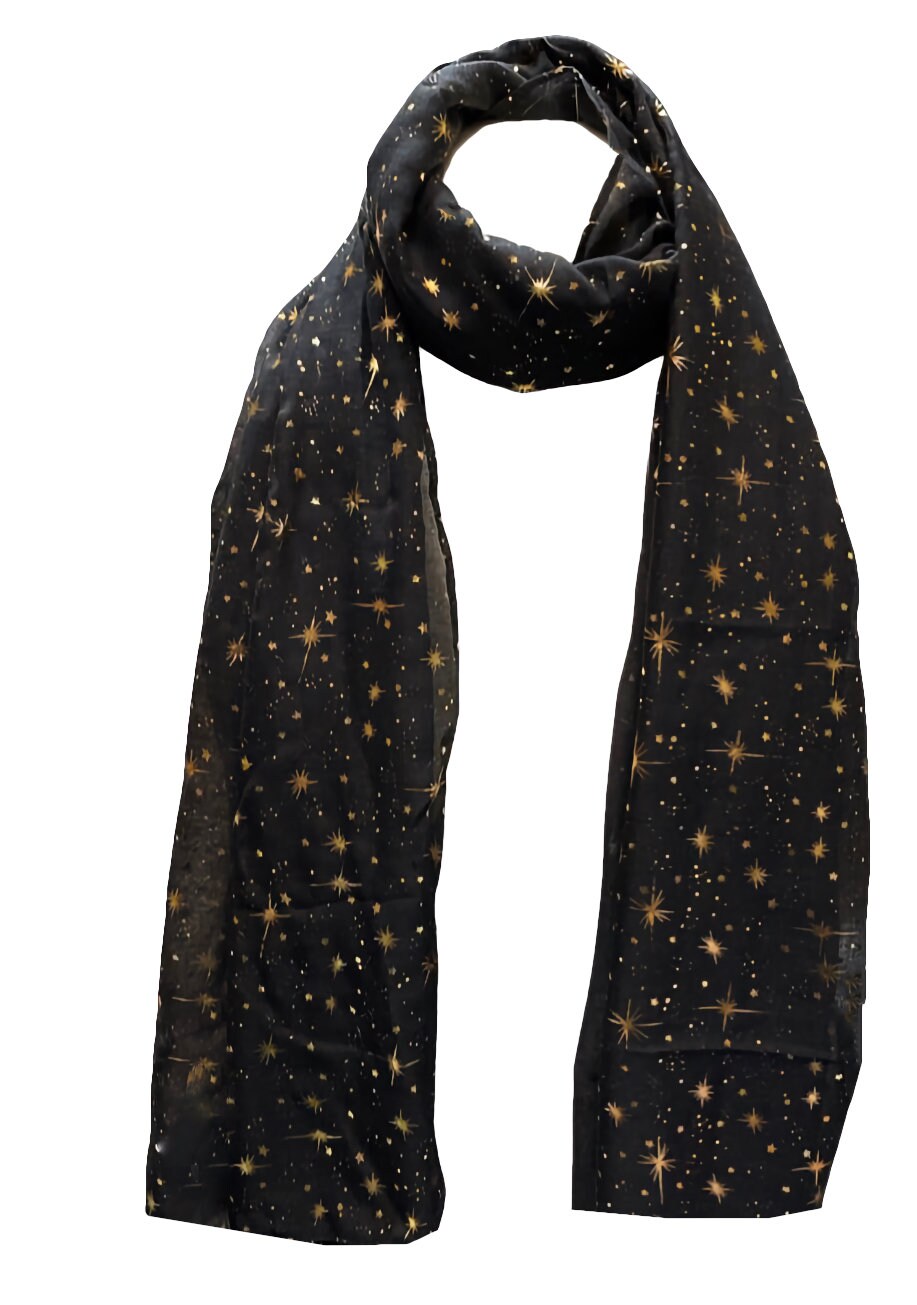 Elegant BLACK Sparkle Scarf with Metallic Foil Print Classy Ritzy Scarves Wrap Shawl Ideal Gift