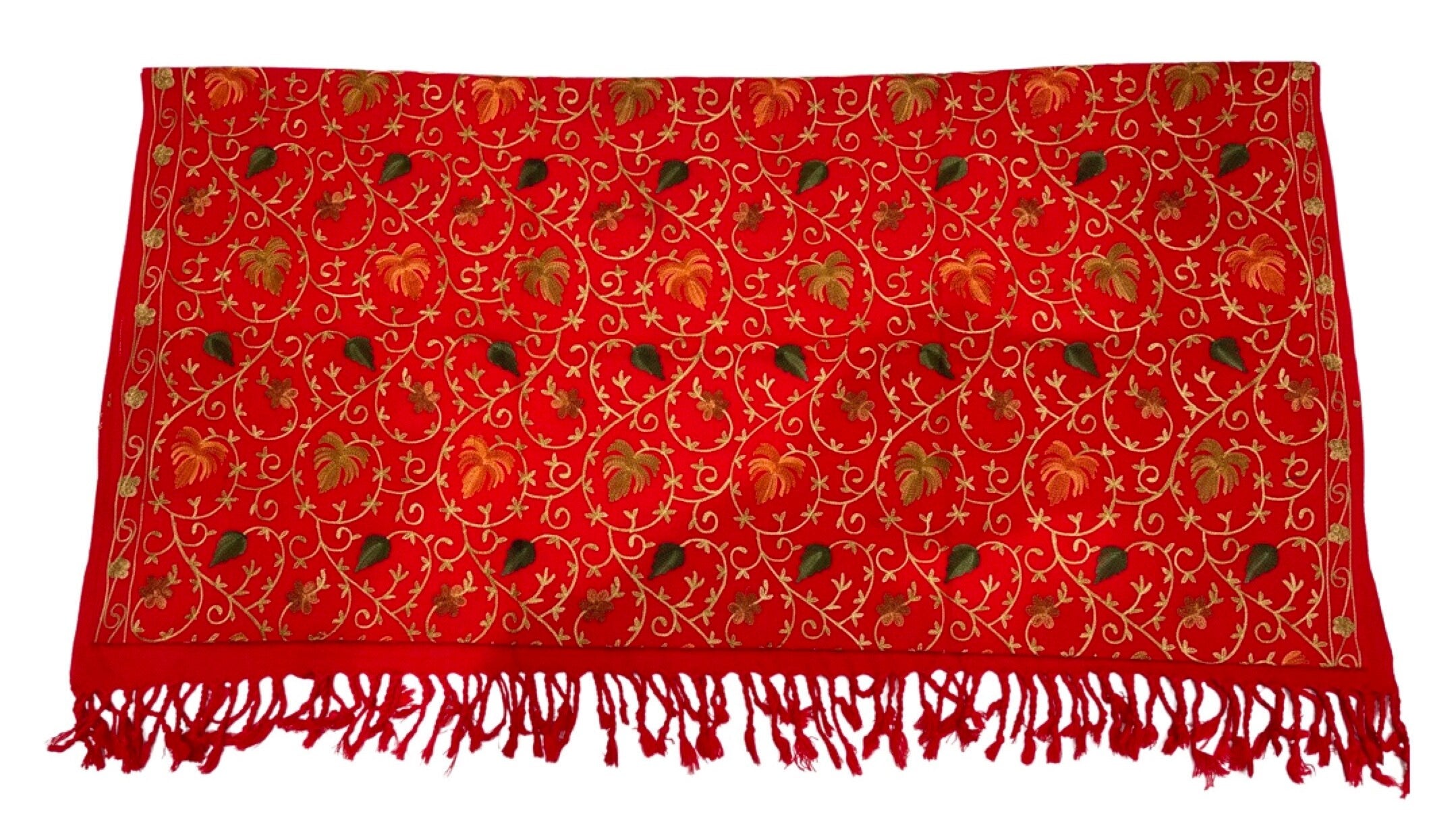 Elegant Christmas Red Gold and Multi Hand Embroidered Luxury Shawl Wrap Scarf