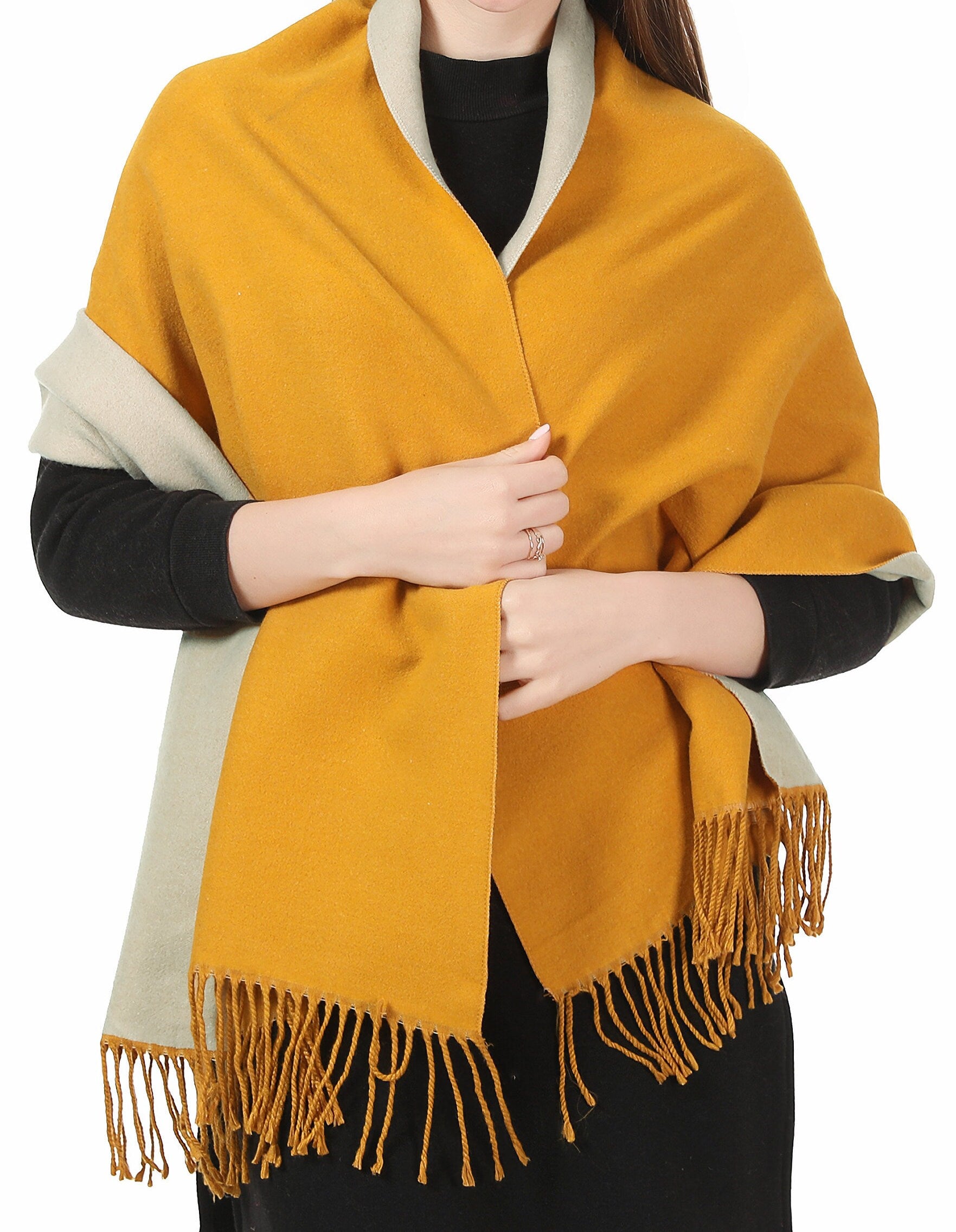 Reversible Winter Scarf Wrap Blanket Shawl Warm Soft Cosy - Mustard/Light Silver