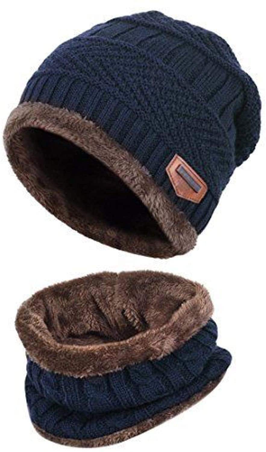 Winter Set Unisex Men Women Knitted Fleece Beanie Hat and Loop Circle Scarf Snood Set Fleece Lined Skull Cap Warm Soft and Comfortable