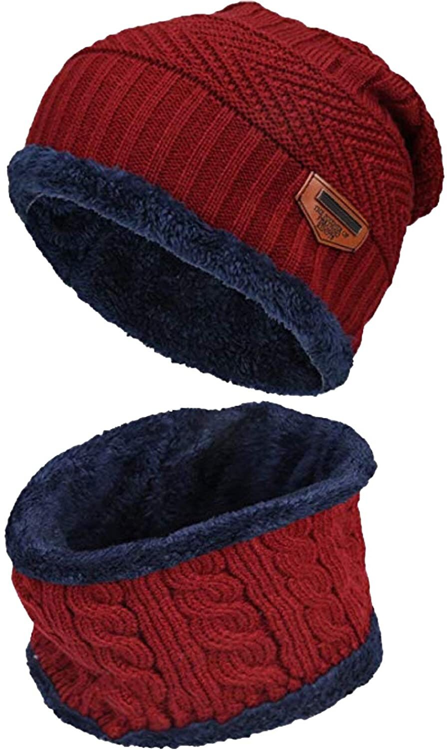 Winter Set Unisex Men Women Knitted Fleece Beanie Hat and Loop Circle Scarf Snood Set Fleece Lined Skull Cap Warm Soft and Comfortable