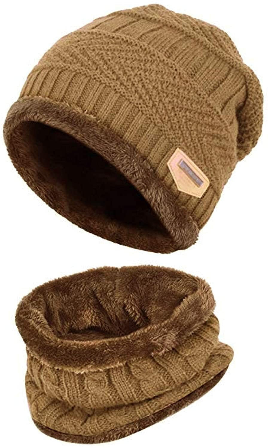 Winter Set Unisex Men Women Knitted Fleece Beanie Hat and Loop Circle Scarf Snood Set Fleece Lined Skull Cap Warm Soft and Comfortable