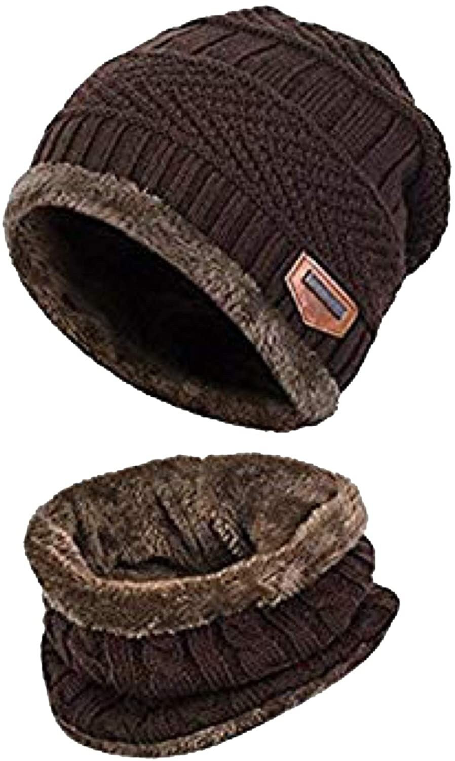 Winter Set Unisex Men Women Knitted Fleece Beanie Hat and Loop Circle Scarf Snood Set Fleece Lined Skull Cap Warm Soft and Comfortable