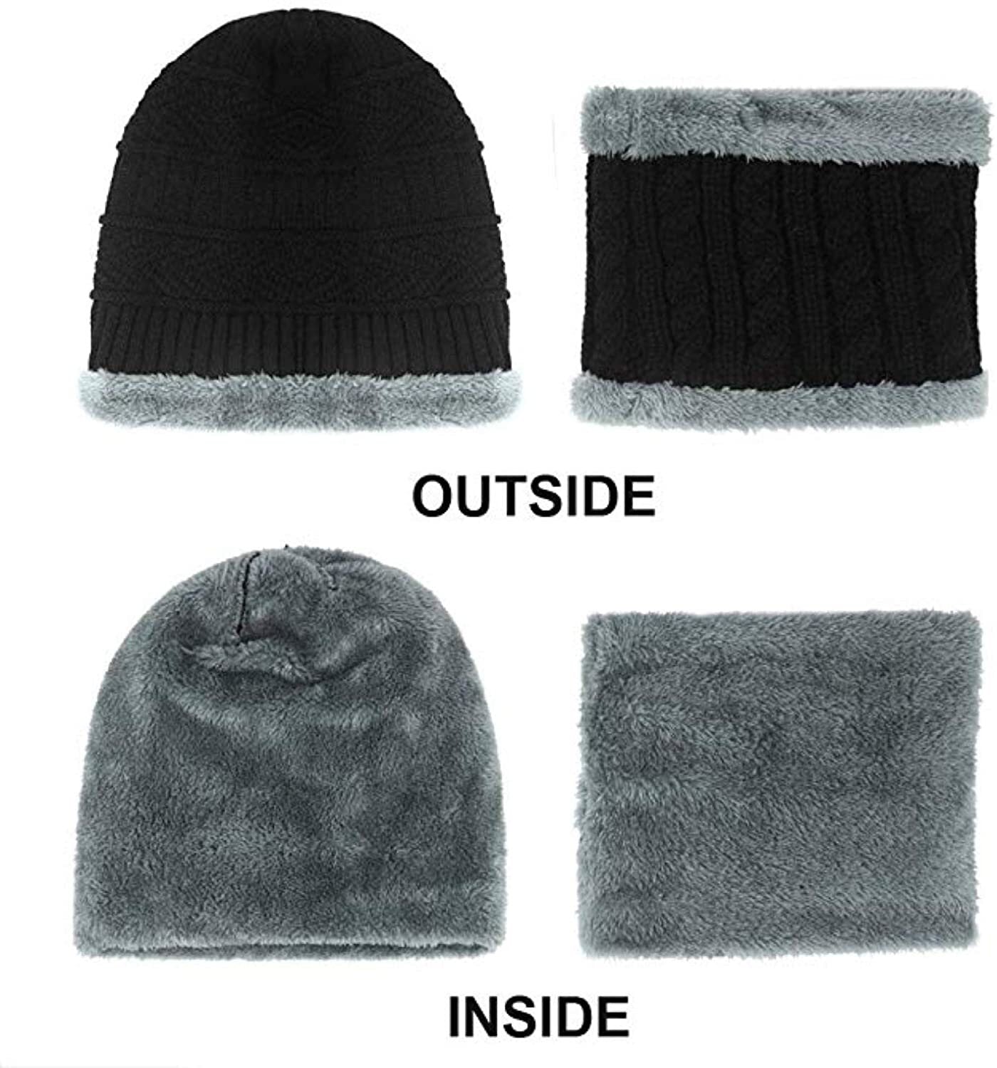 Winter Set Unisex Men Women Knitted Fleece Beanie Hat and Loop Circle Scarf Snood Set Fleece Lined Skull Cap Warm Soft and Comfortable