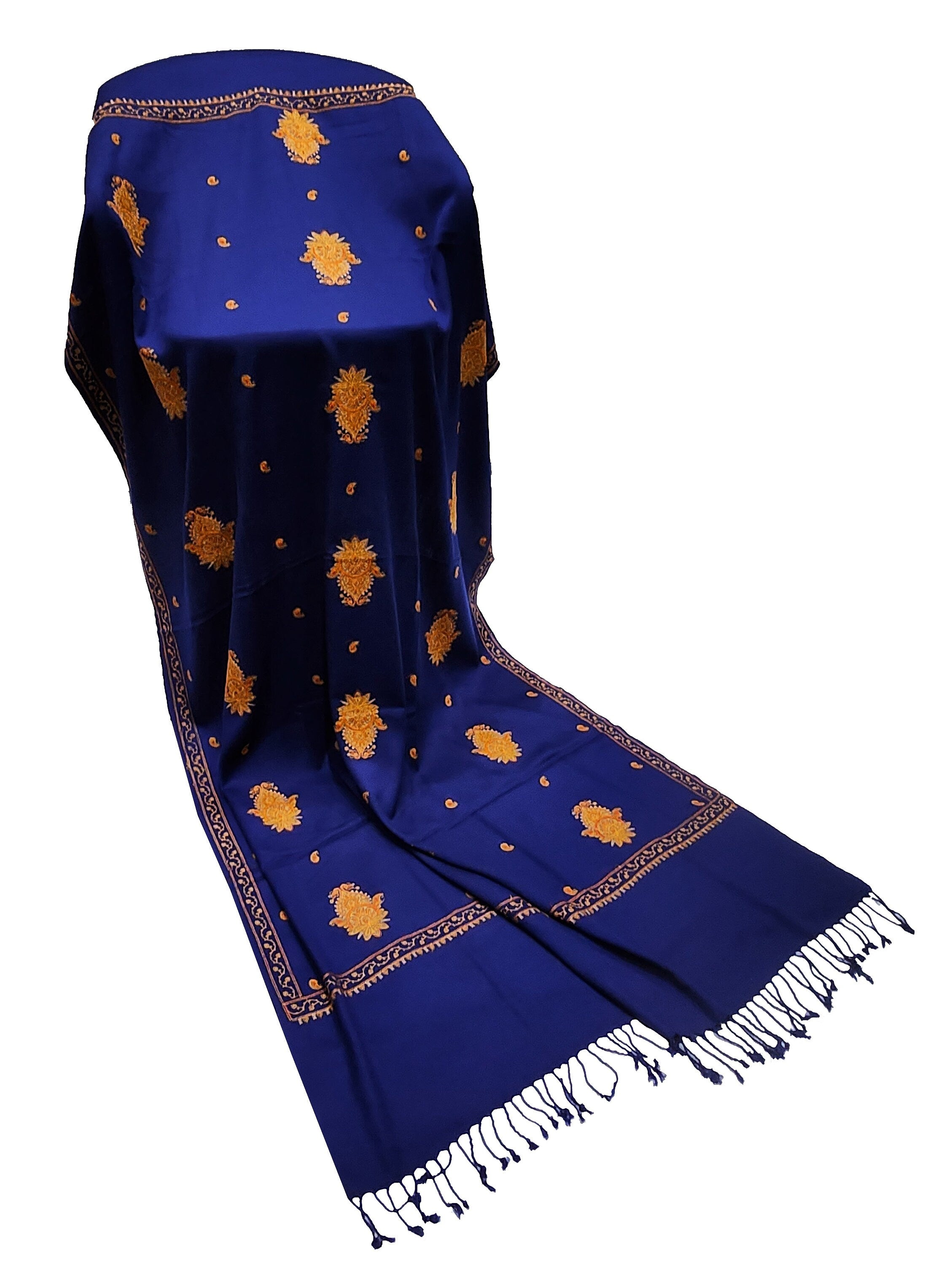 Exclusive Navy Blue and Rust Orange Hand Embroidered Luxury Shawl Wrap Scarf - Only 1 Available in this Design and Colour - Hurry !