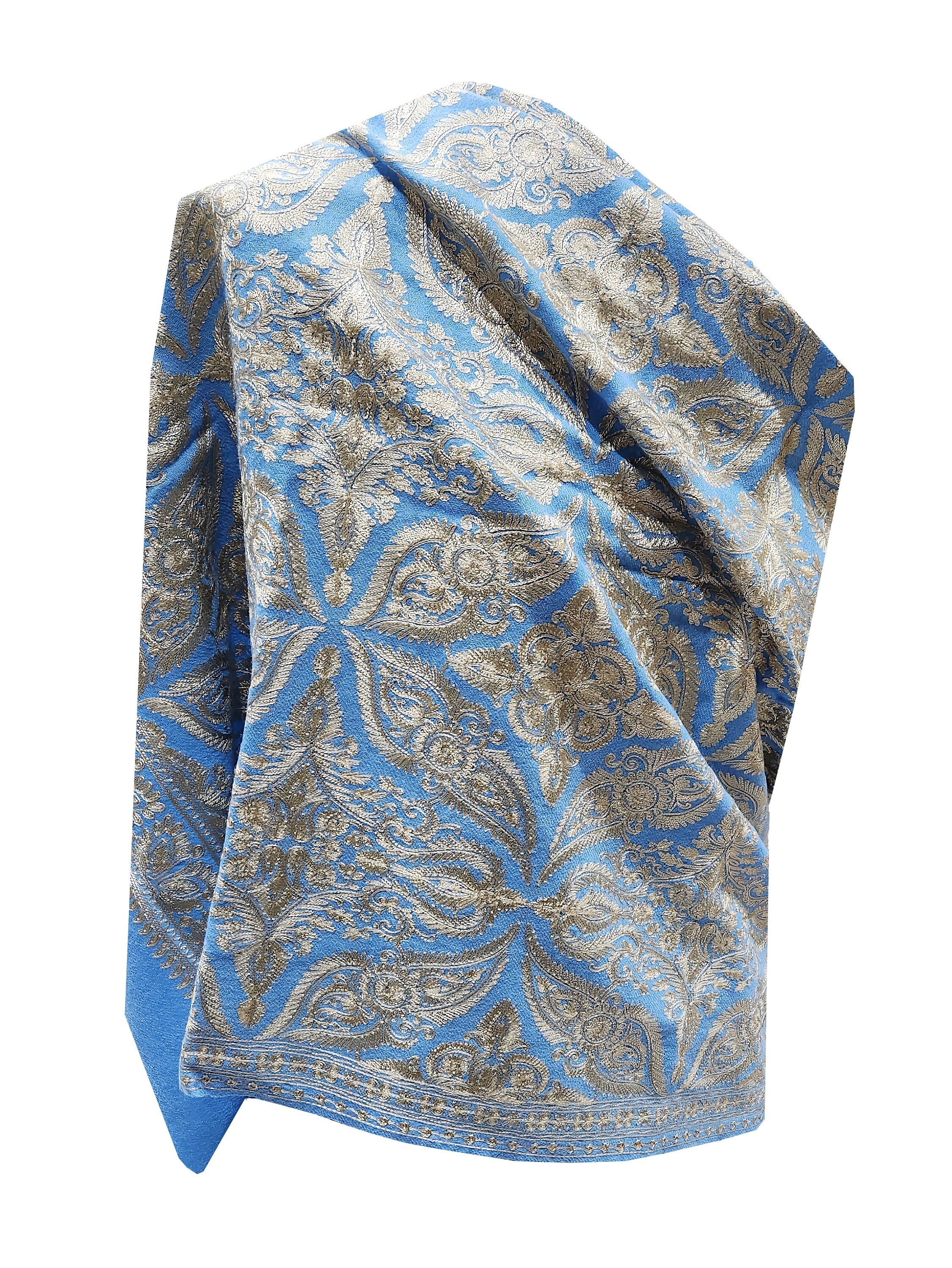 Exclusive Sky Baby Blue and Gold Hand Embroidered Luxury Shawl Wrap - Only 1 Available in this Design and Colour - Hurry !