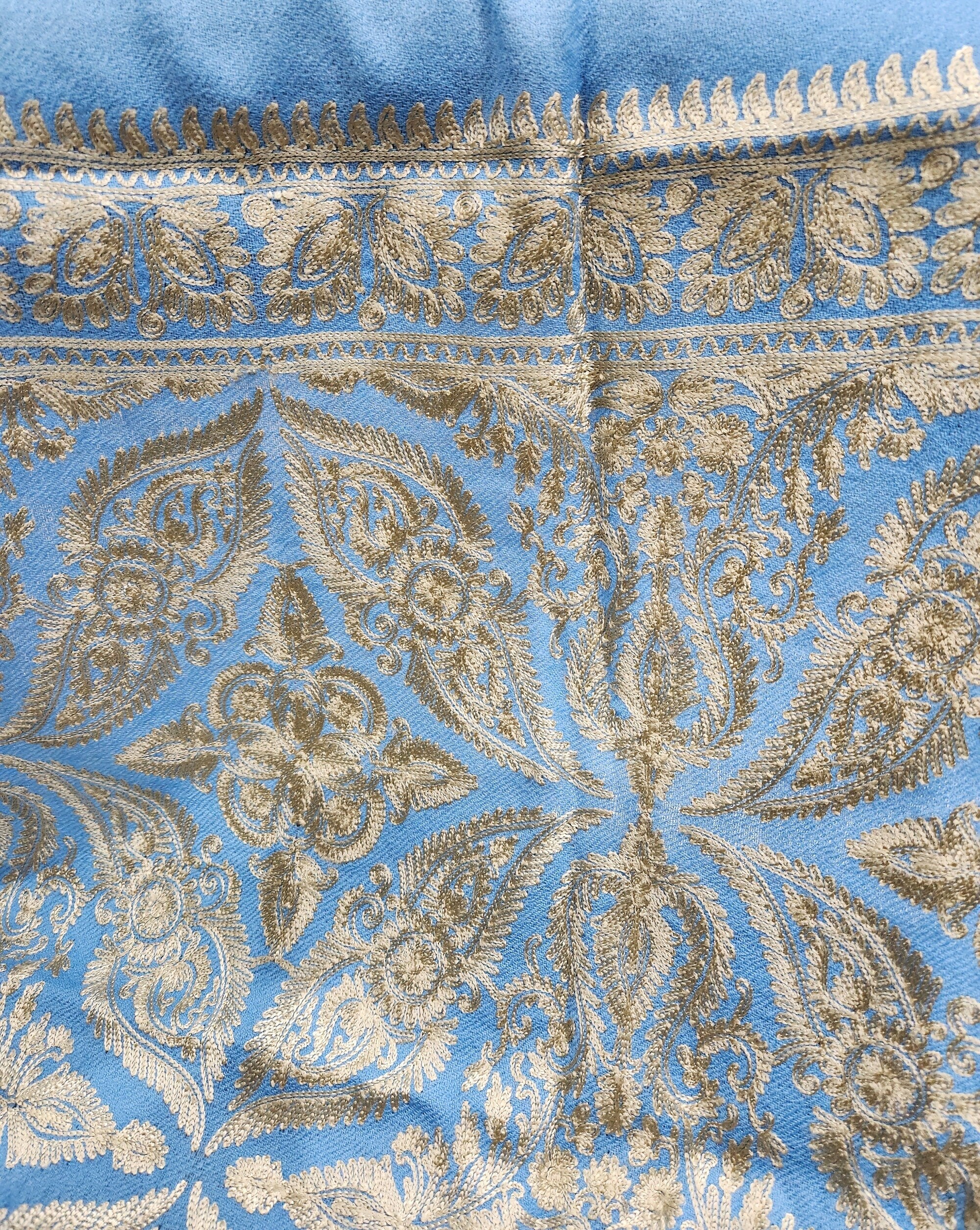 Exclusive Sky Baby Blue and Gold Hand Embroidered Luxury Shawl Wrap - Only 1 Available in this Design and Colour - Hurry !