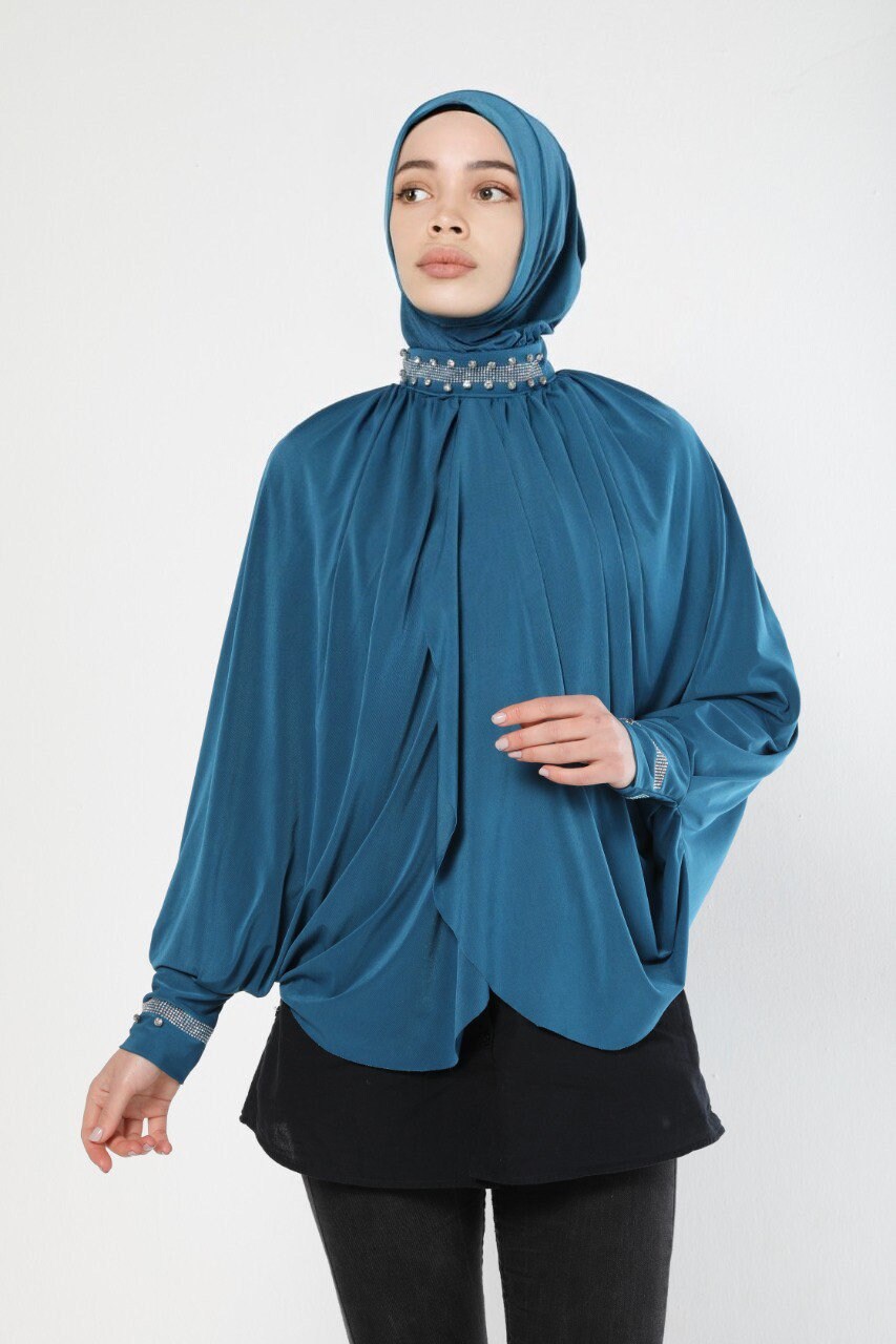 Modern Instant Ready Scarf Hijab Cape Embellished with Exquisite Pearls on Neckline and Sleeves Premium Quality Jersey Ramadan Eid Wedding