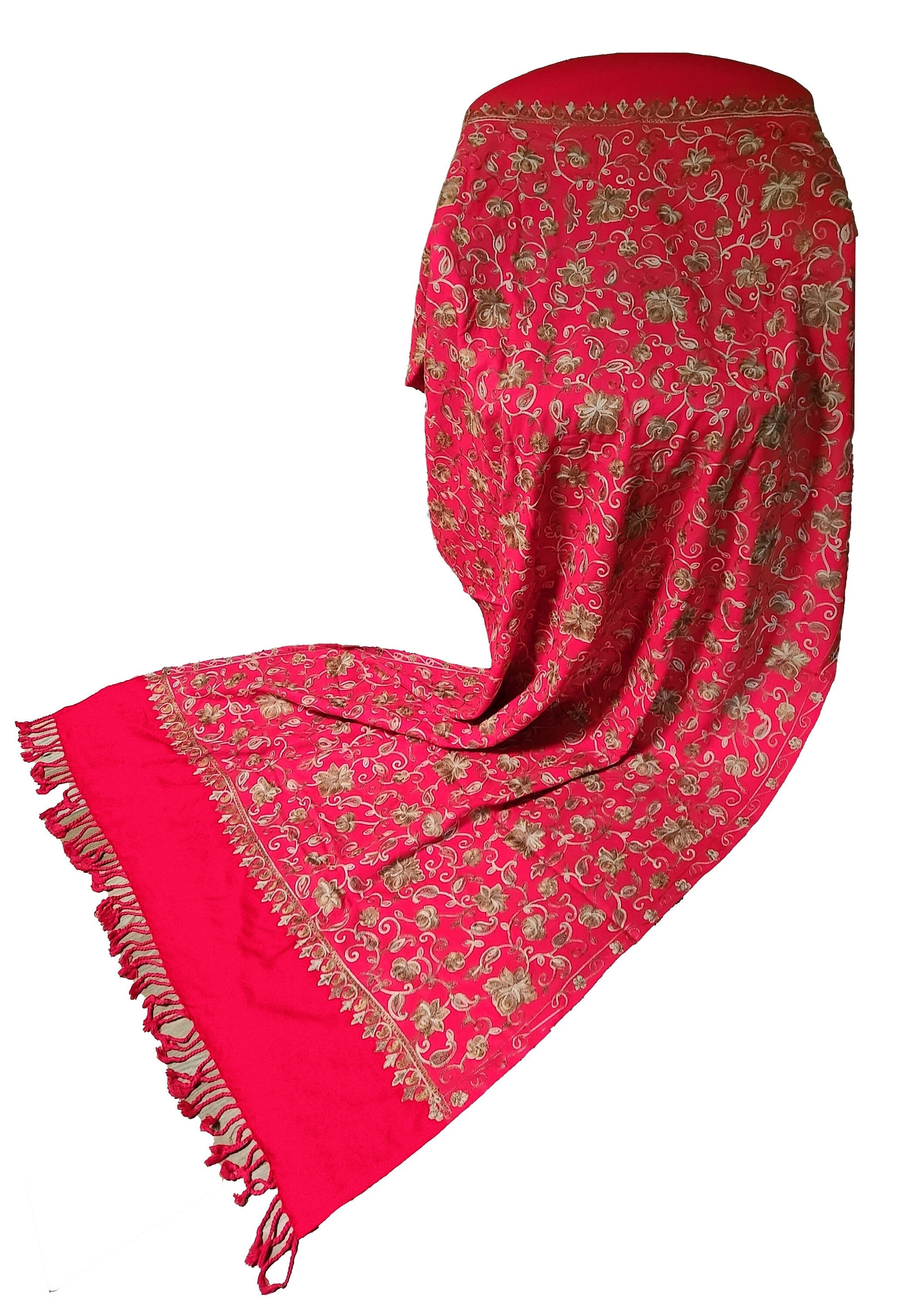 Elegant Christmas Red Gold and Multi Hand Embroidered Luxury Shawl Wrap Scarf- Design# 7