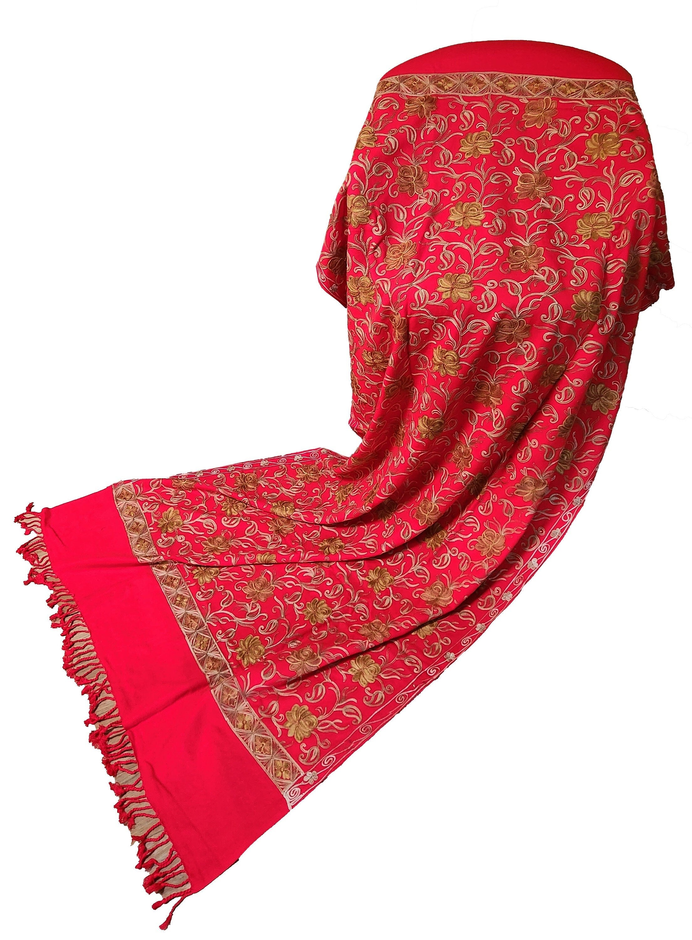 Elegant Christmas Red Gold and Multi Hand Embroidered Luxury Shawl Wrap Scarf - Design# 1
