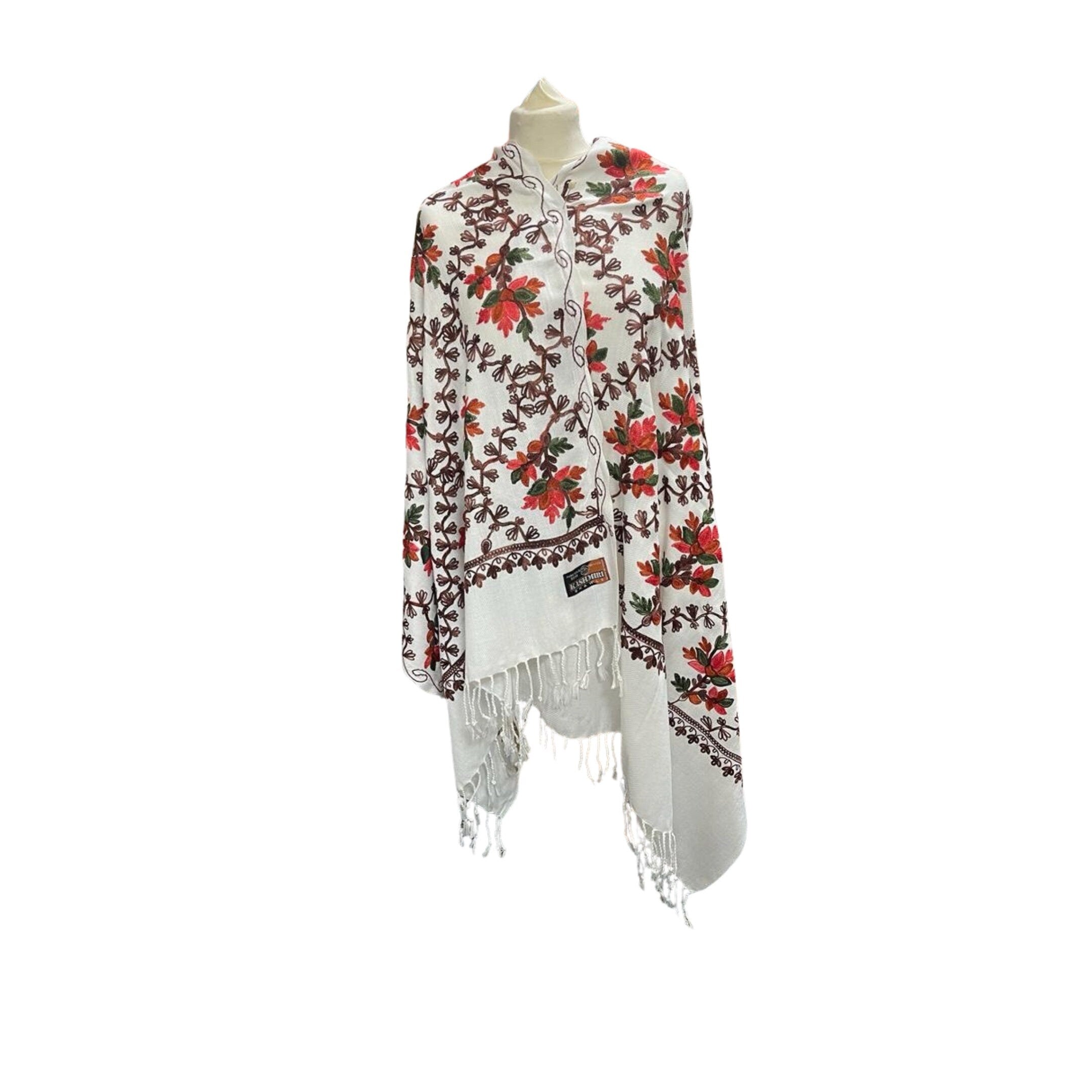 White Stunning Kashmiri Master Craftsman Hand Embroidered Luxury Shawl Wrap Scarf