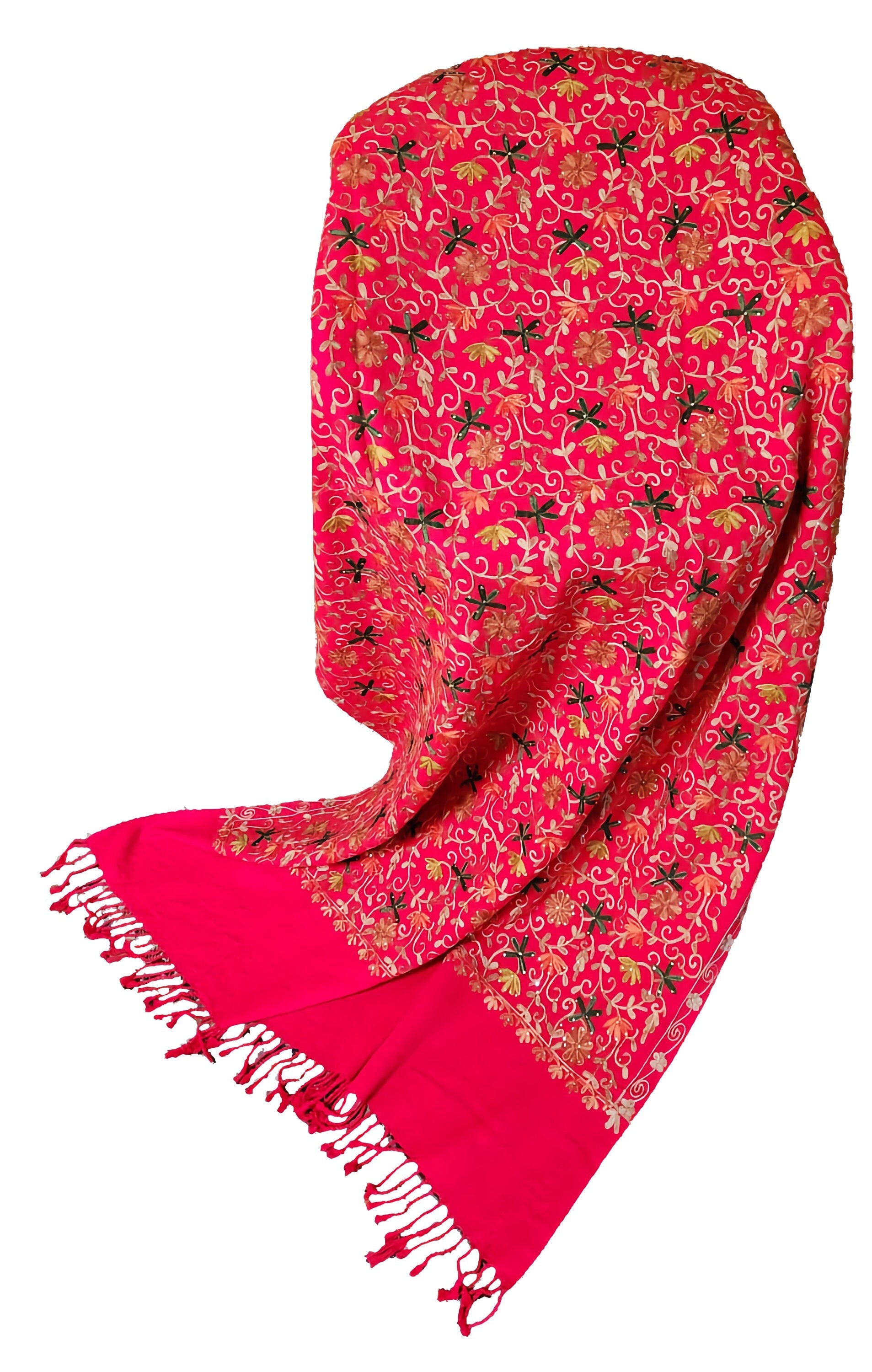 Elegant Christmas Red Gold and Multi Hand Embroidered Luxury Shawl Wrap Scarf with Diamanté Stones - Design#5