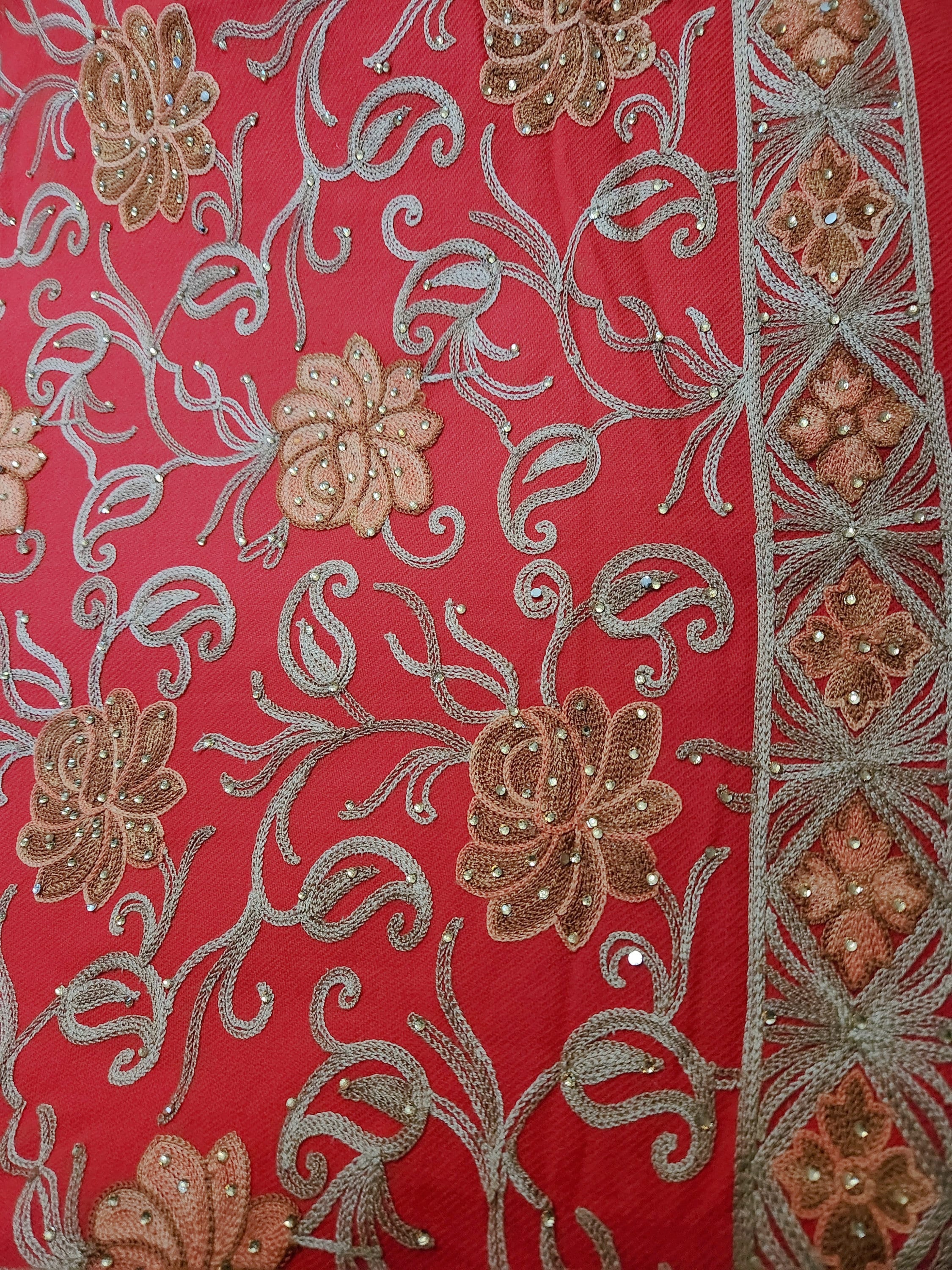 Elegant Christmas Red Gold and Multi Hand Embroidered Luxury Shawl Wrap Scarf with Diamanté Stones - Design#10