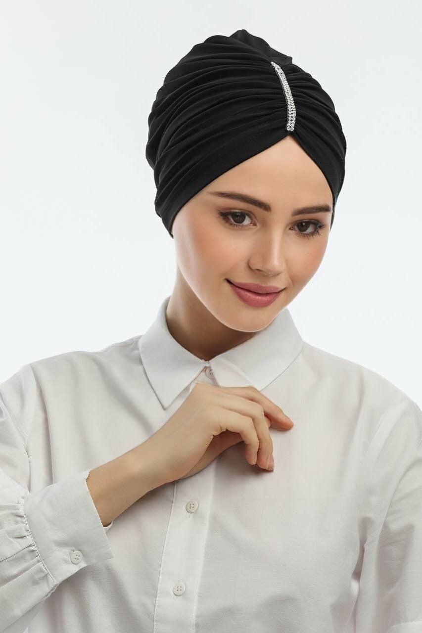 Black Ready Turban Head Wrap Bone Hijab Bonnet for Women Stretchy Jersey Cap with Middle Parting Diamantes Design