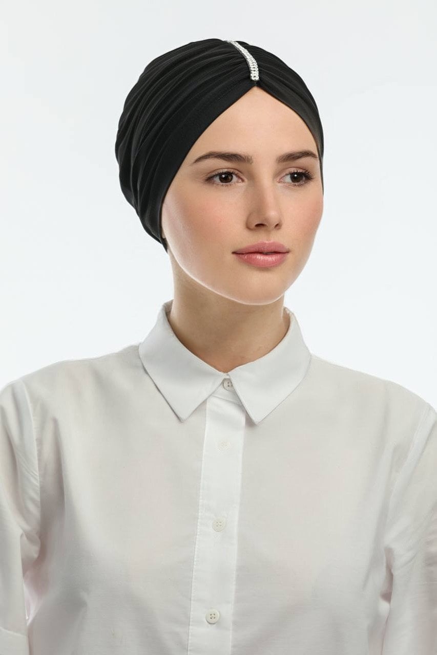 Black Ready Turban Head Wrap Bone Hijab Bonnet for Women Stretchy Jersey Cap with Middle Parting Diamantes Design