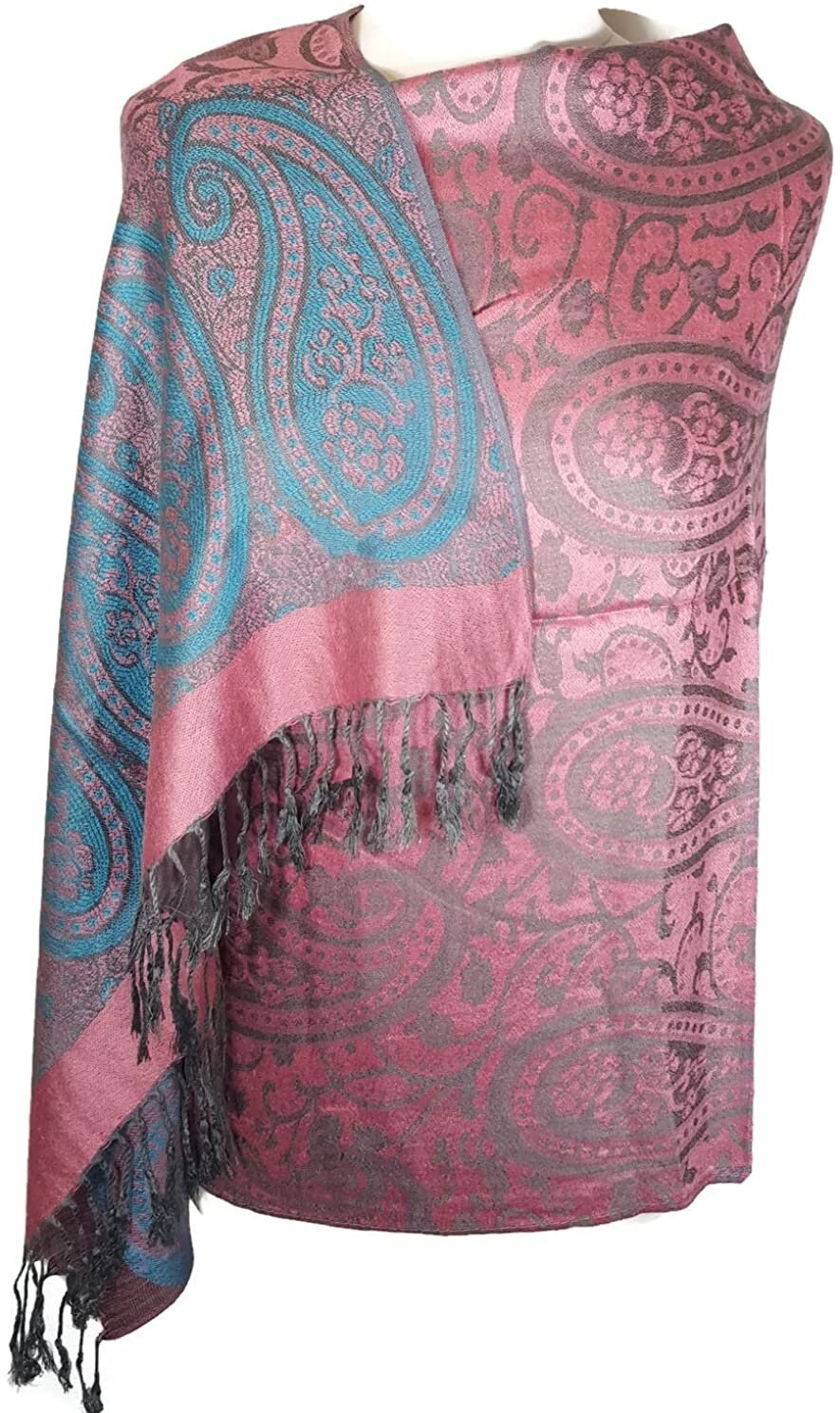 World of Shawls Ladies Floral Paisley Bordered Pashmina Feel Shawl Scarf Wrap Stole Luxuriously Warm Soft and Silky Touch