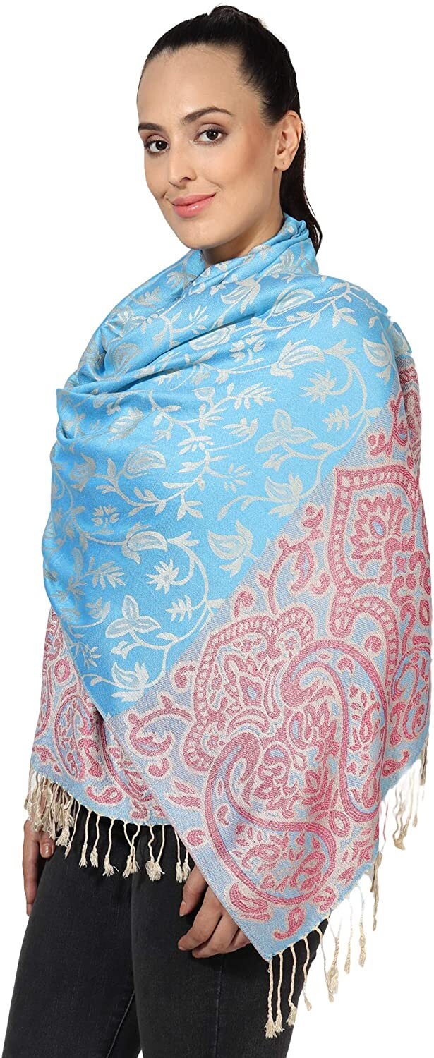 World of Shawls Ladies Floral Paisley Bordered Pashmina Feel Shawl Scarf Wrap Stole Luxuriously Warm Soft and Silky Touch