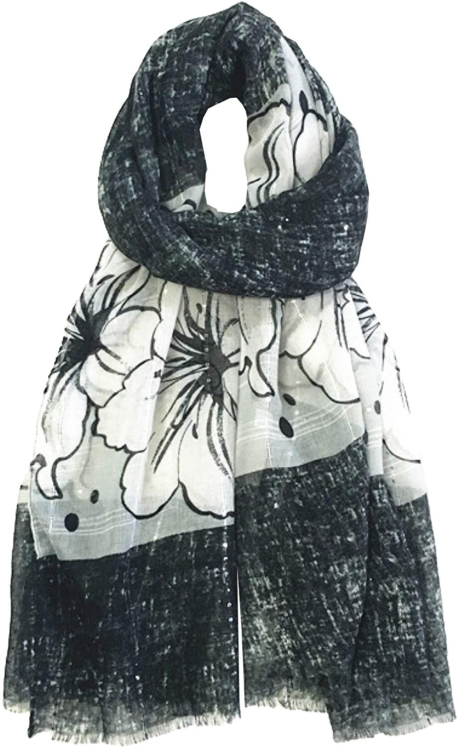 World of Shawls Eye-Catching Floral Border Scarf for Women Ladies with Delicate Sequin Insets