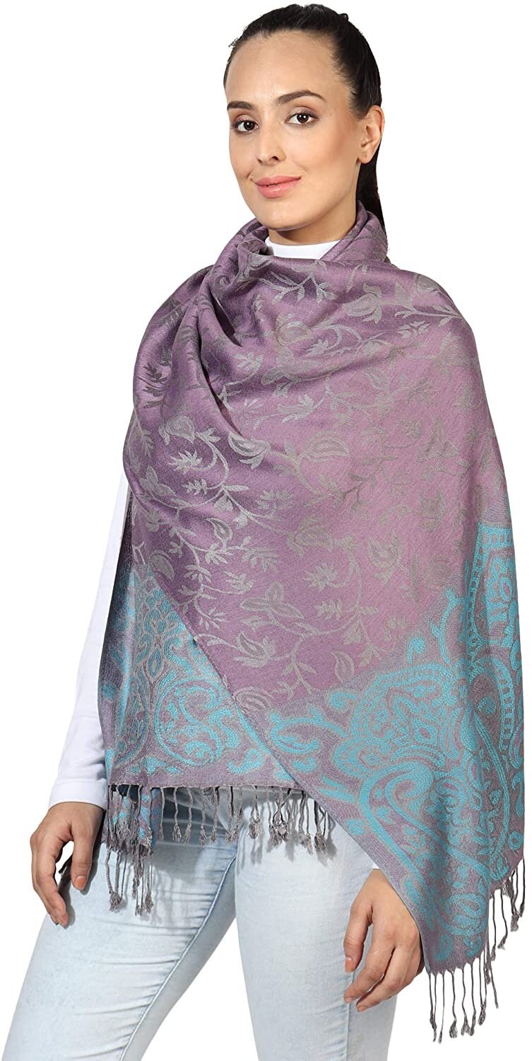 World of Shawls Ladies Floral Paisley Bordered Pashmina Feel Shawl Scarf Wrap Stole Luxuriously Warm Soft and Silky Touch
