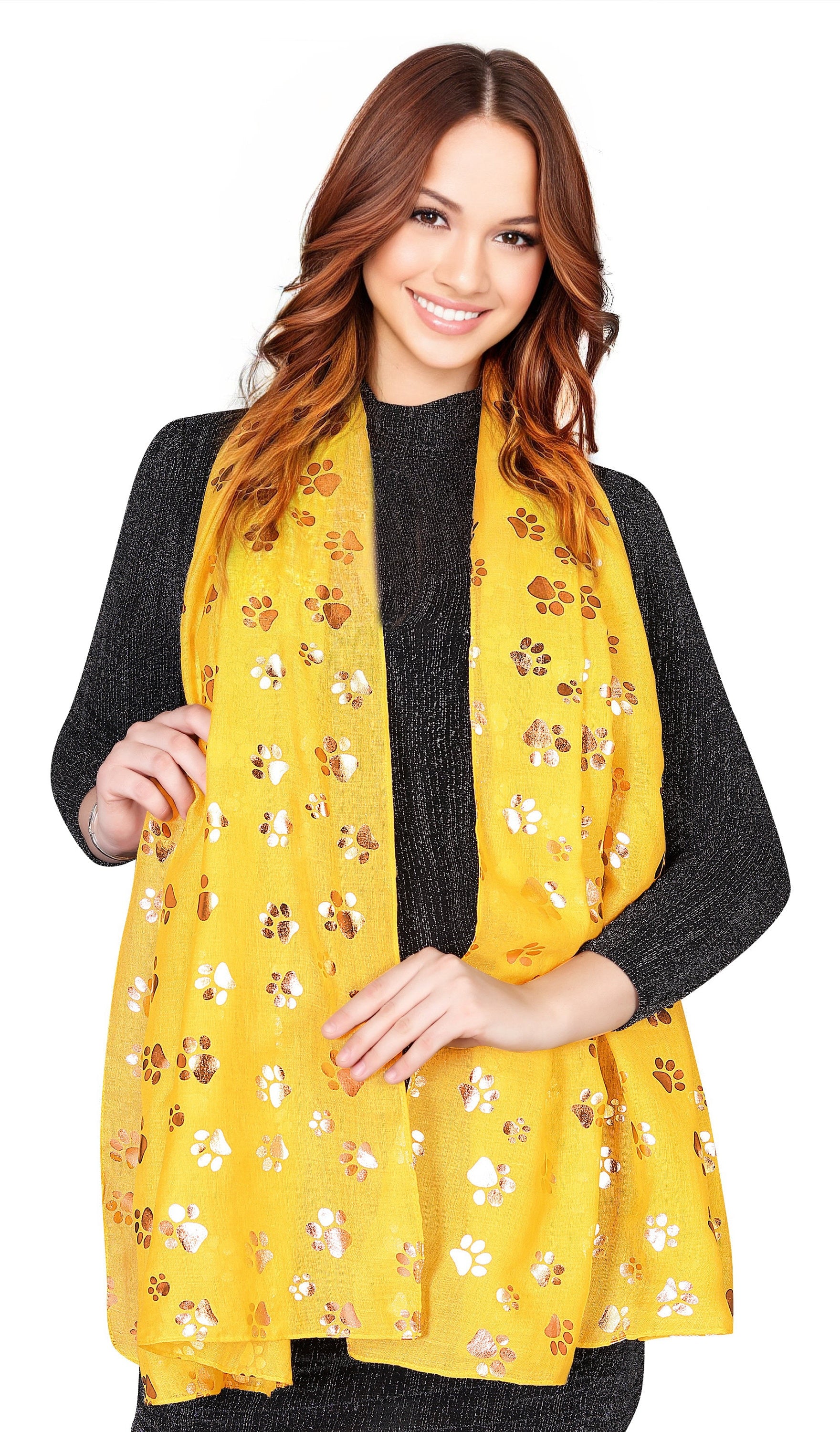 Mustard Rose Gold Foiled Animal Dogs Paw Print Scarf Wraps Shawl Scarves