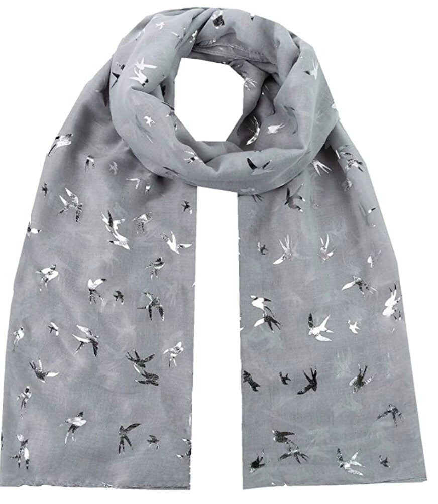 Silver Foil Swallow Bird Print Scarves Scarf Wrap Shawl for Women Ladies Girls