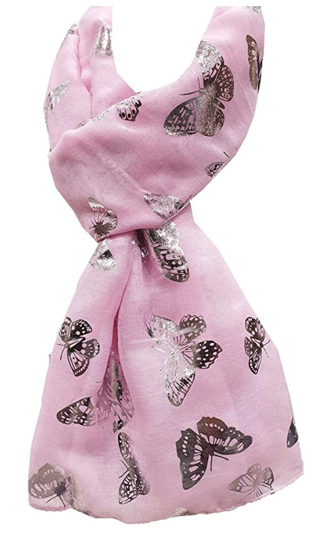 Silver Foil Butterfly Print Ladies Celebrity Style Scarves Maxi, Scarf, Wrap, Sarong, shawls Gift