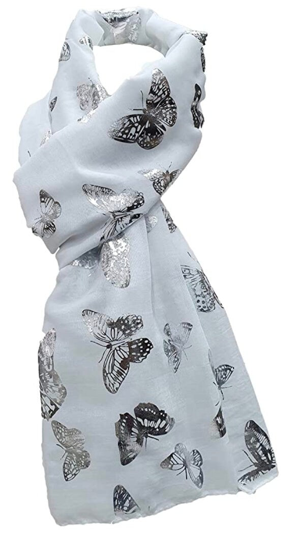 Silver Foil Butterfly Print Ladies Celebrity Style Scarves Maxi, Scarf, Wrap, Sarong, shawls Gift